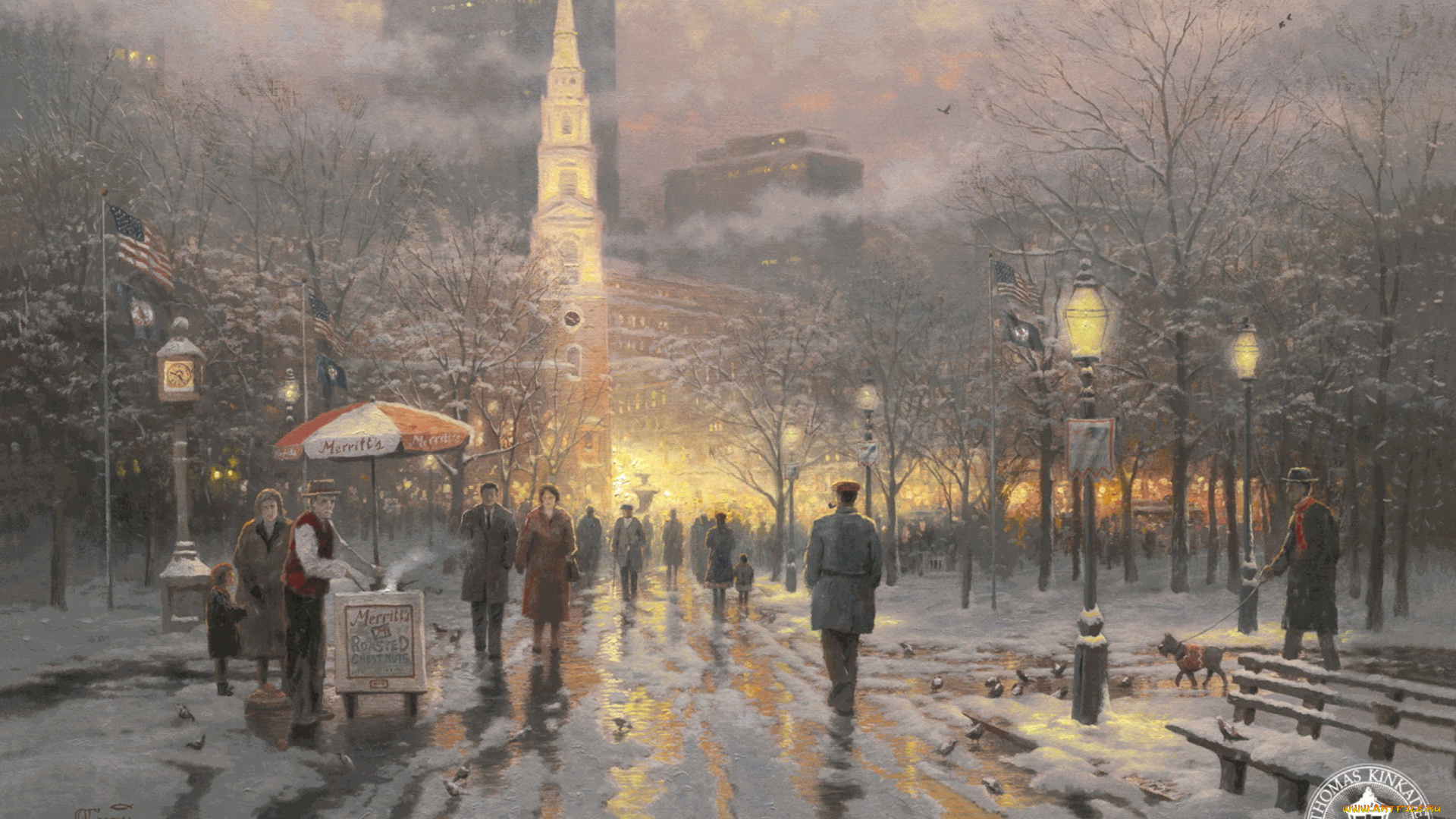 thomas, kinkade, рисованные, зима, дома, огни, праздник, снег, лужи, улица, люди