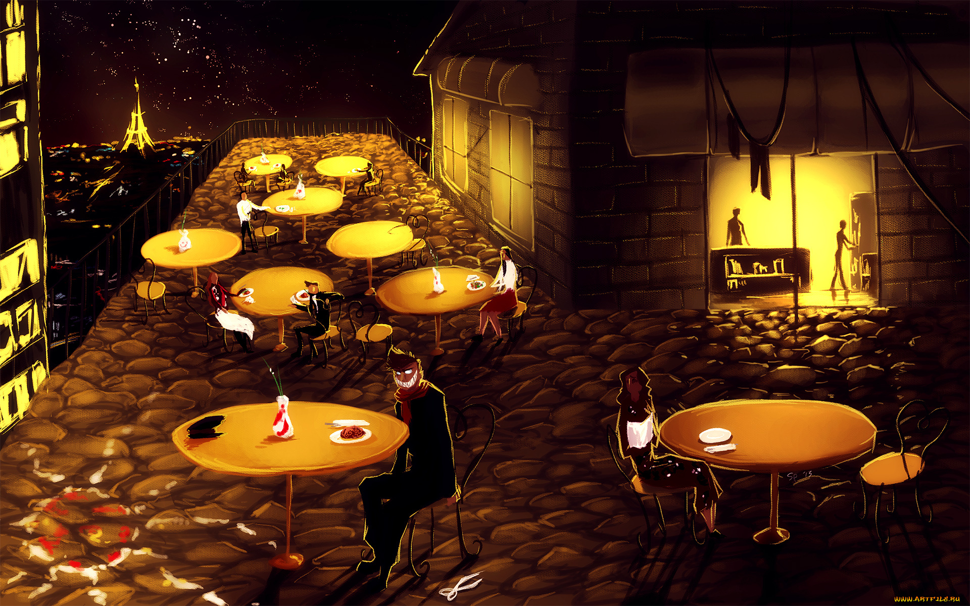 рисованные, города, столики, кафе, улица, набережная