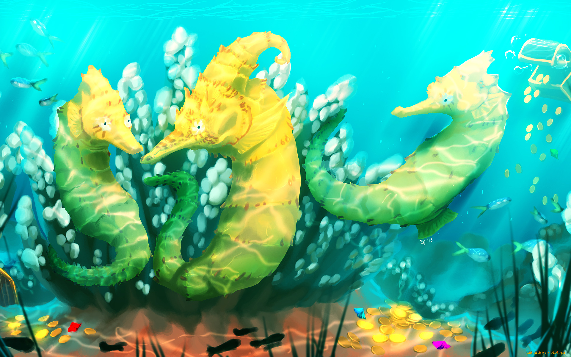 рисованные, животные, морская, фауна, морской, конек