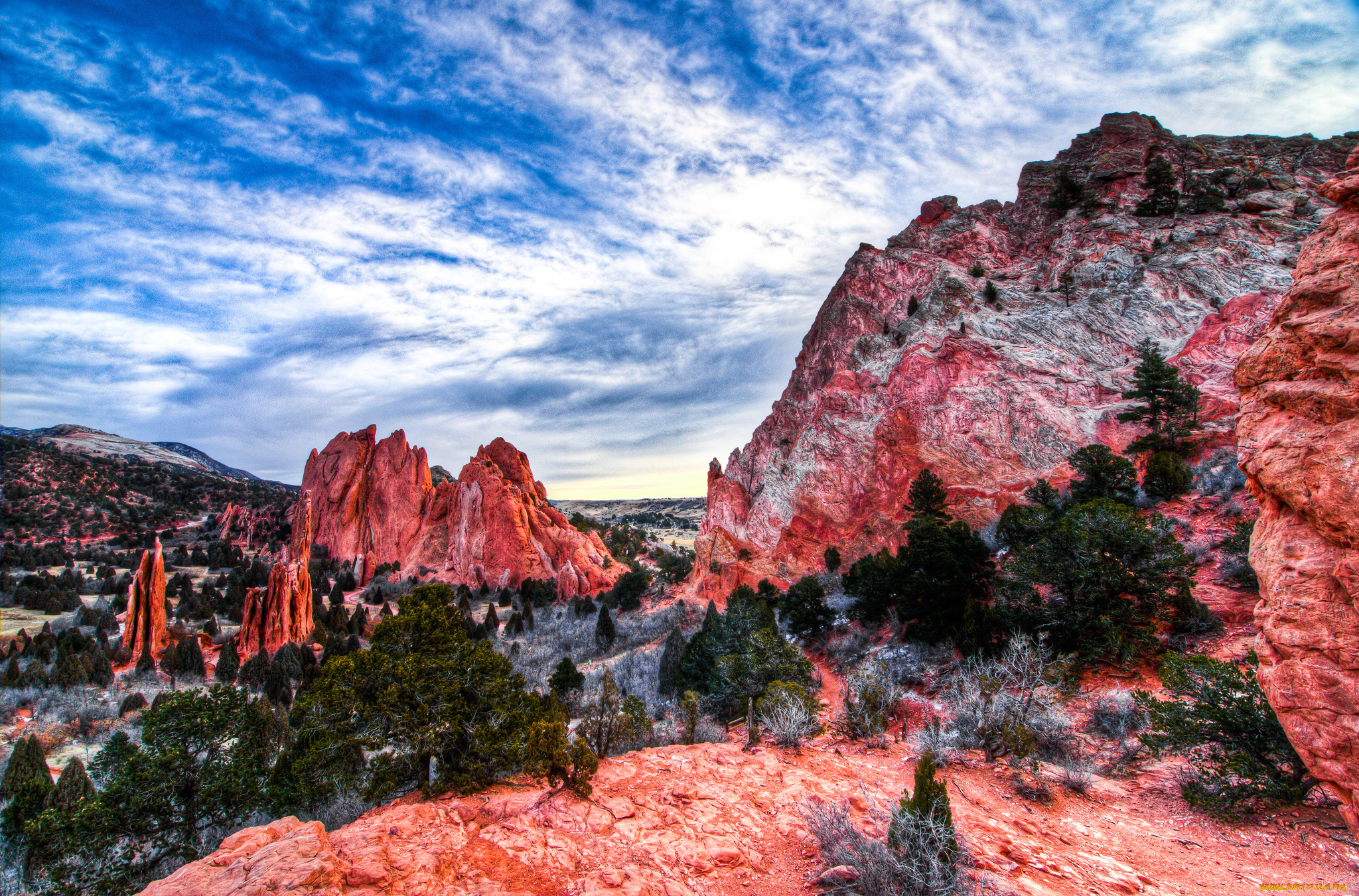 природа, горы, скалы, деревья, небо, облака