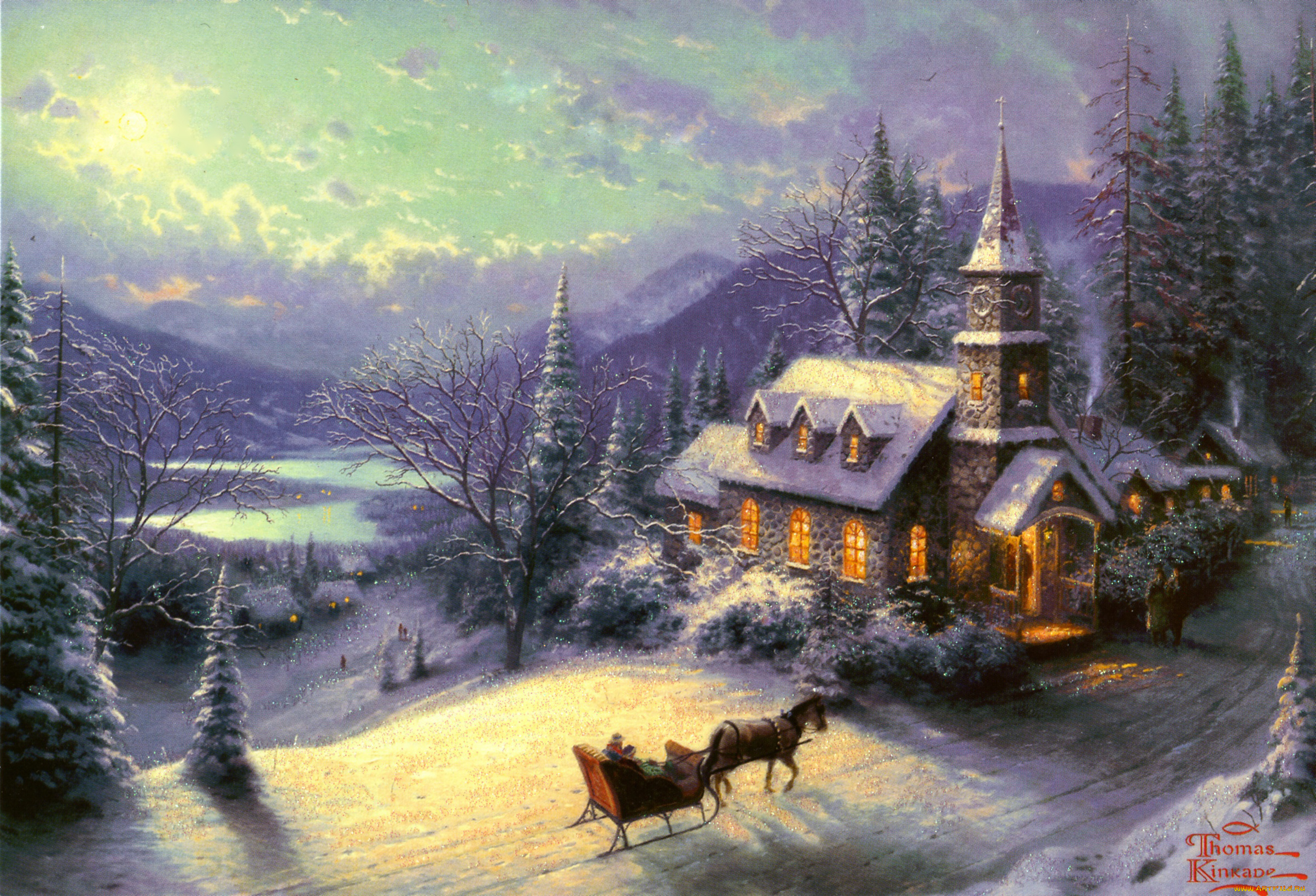 thomas, kinkade, рисованные, зима, снег, повозка, часовня
