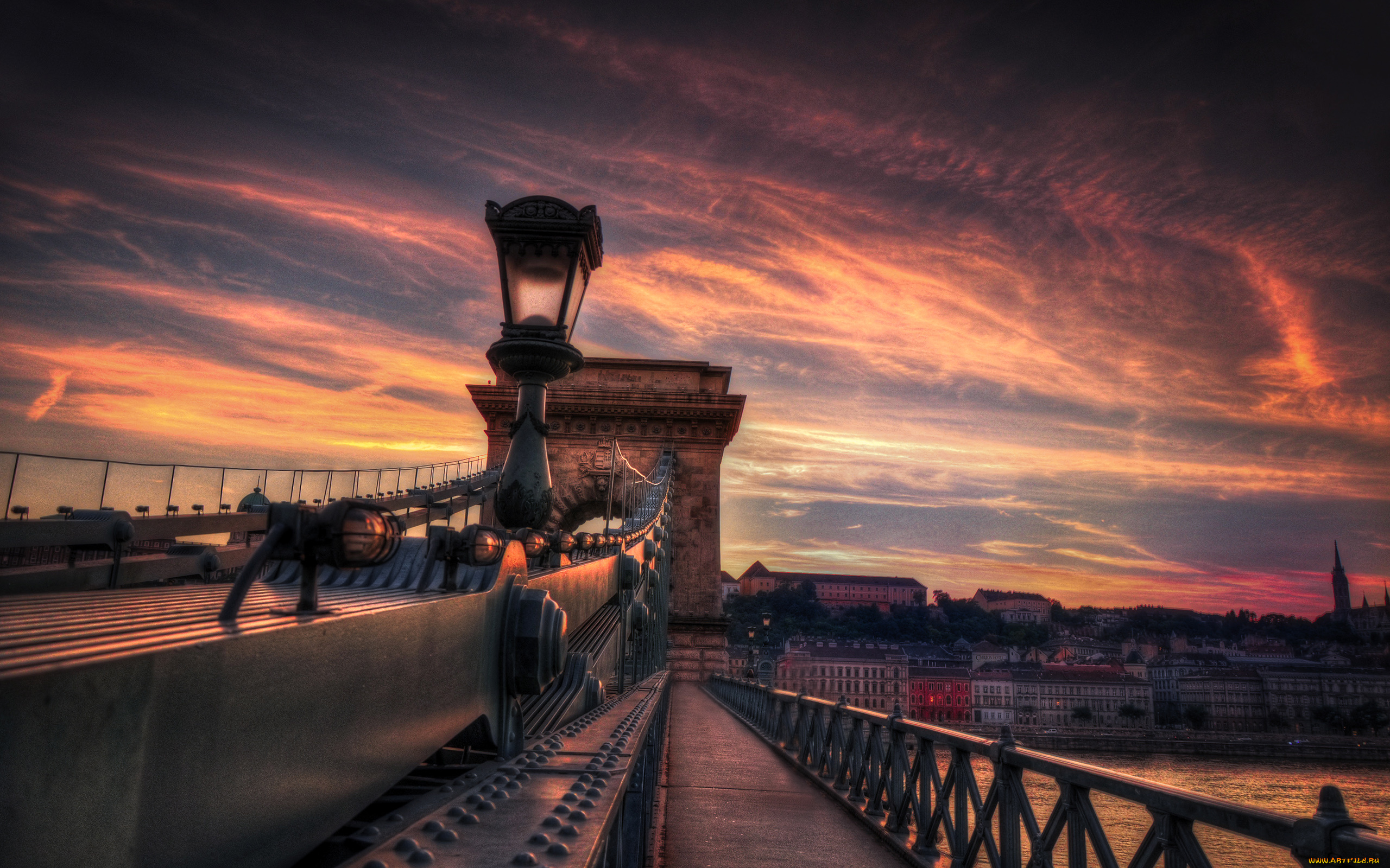 города, мосты, фонарь, облака