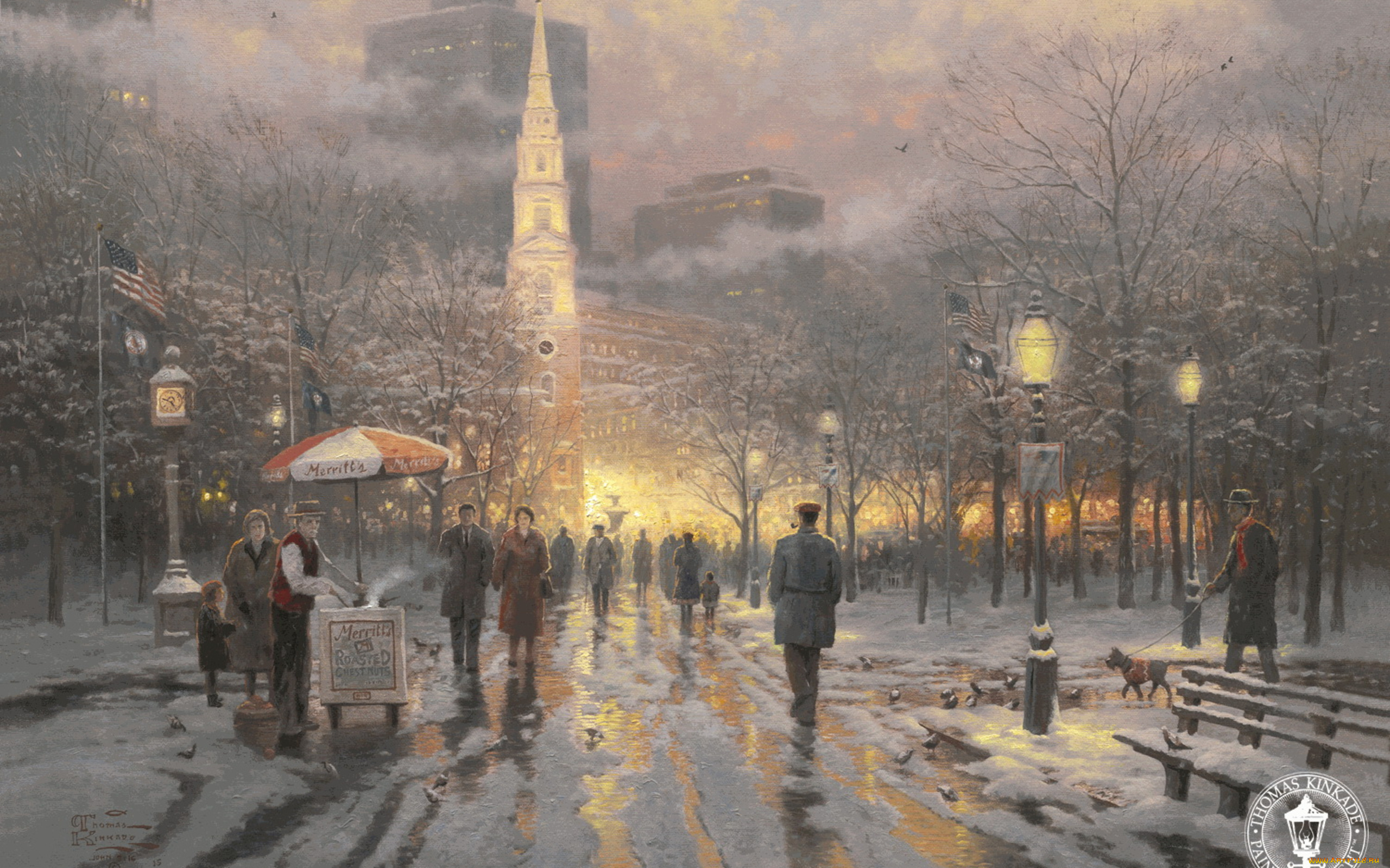 thomas, kinkade, рисованные, зима, дома, огни, праздник, снег, лужи, улица, люди