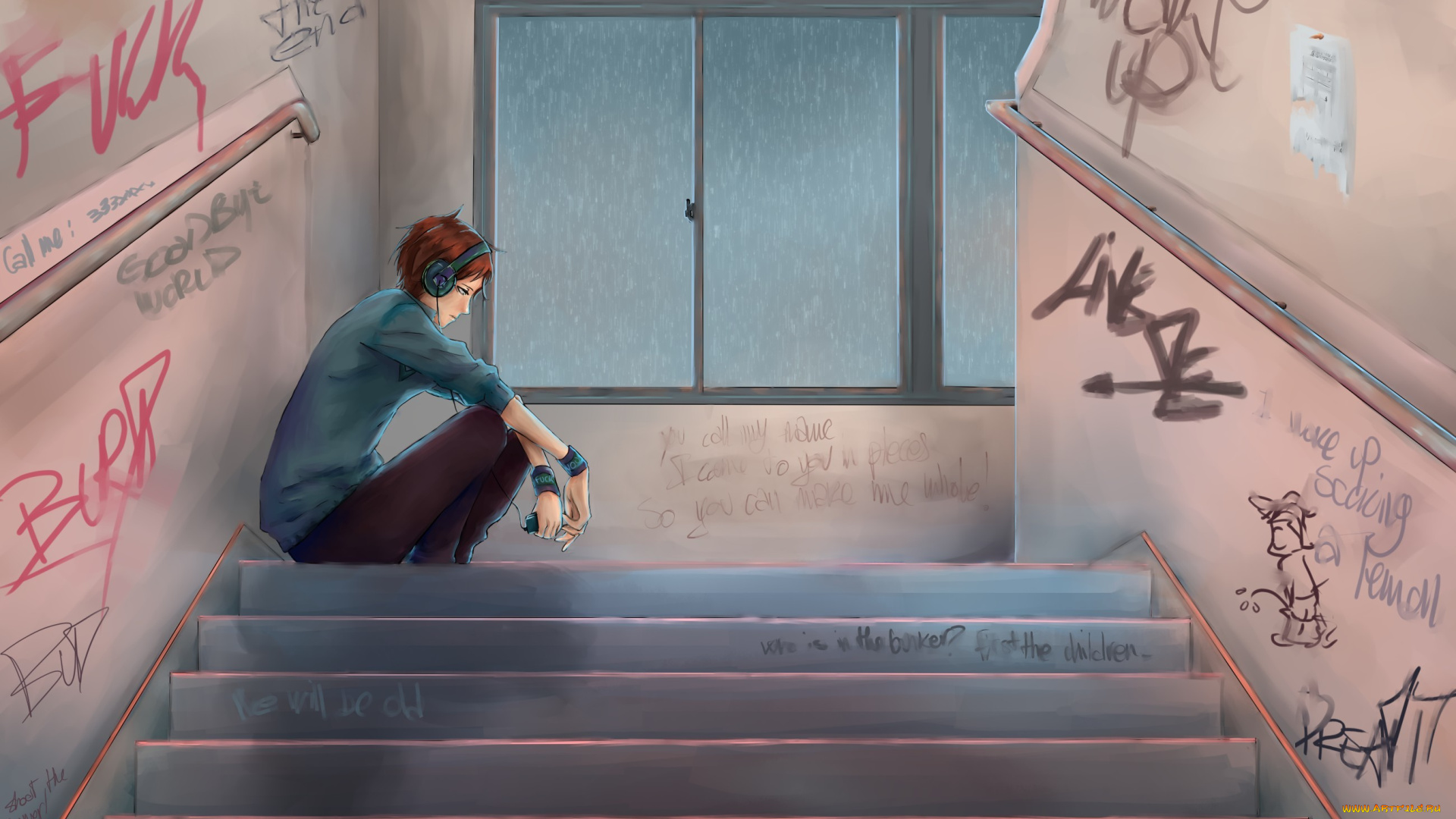 аниме, -headphones, &, instrumental, арт, парень, подъезд, наушники, дождь, лестница, окно