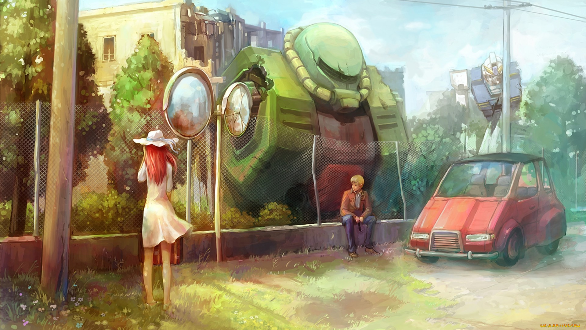 аниме, -weapon, , blood, &, technology, mobile, suit, gundam, alex, bernard, wiseman, christina, mackenzie, zaku, ii, меха, робот, город, парень, девушка, забор, машина, шляпа, здания