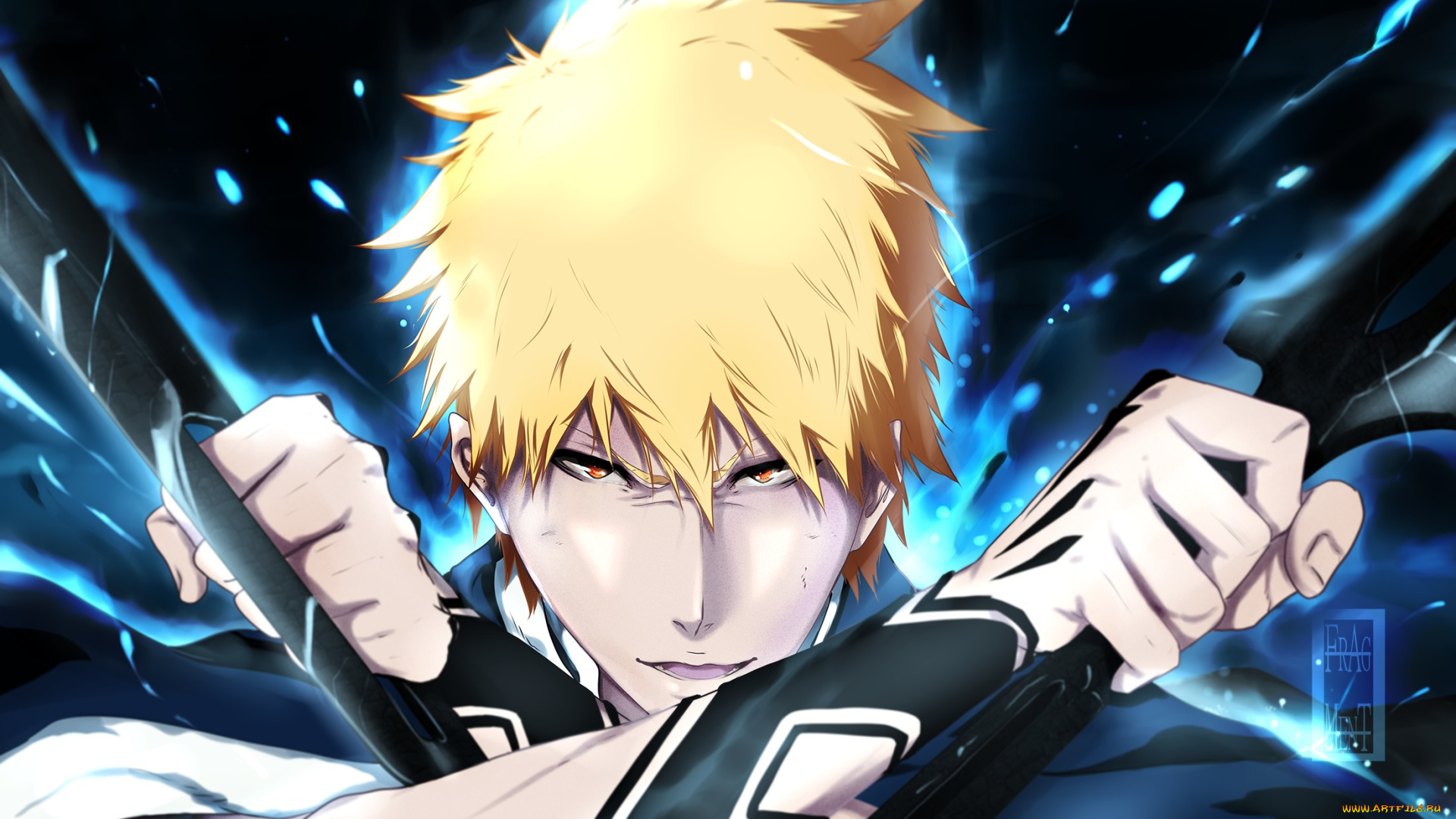 аниме, bleach, блич, магия, оружие, улыбка, взгляд, art, ifragmentix, парень, kurosaki, ichigo