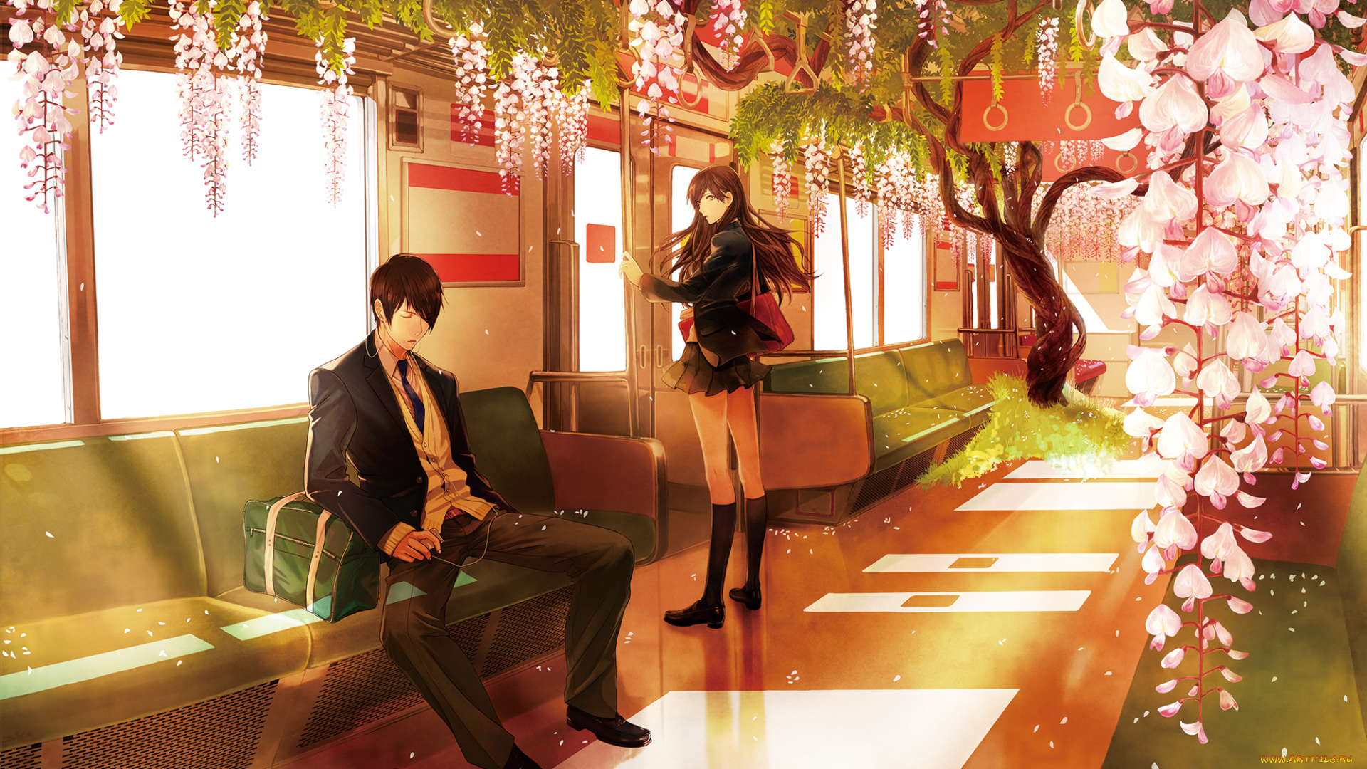 аниме, *unknown, , другое, школьная, форма, девушка, парень, пара, цветы, метро, деревья, лепестки, наушники, сумка