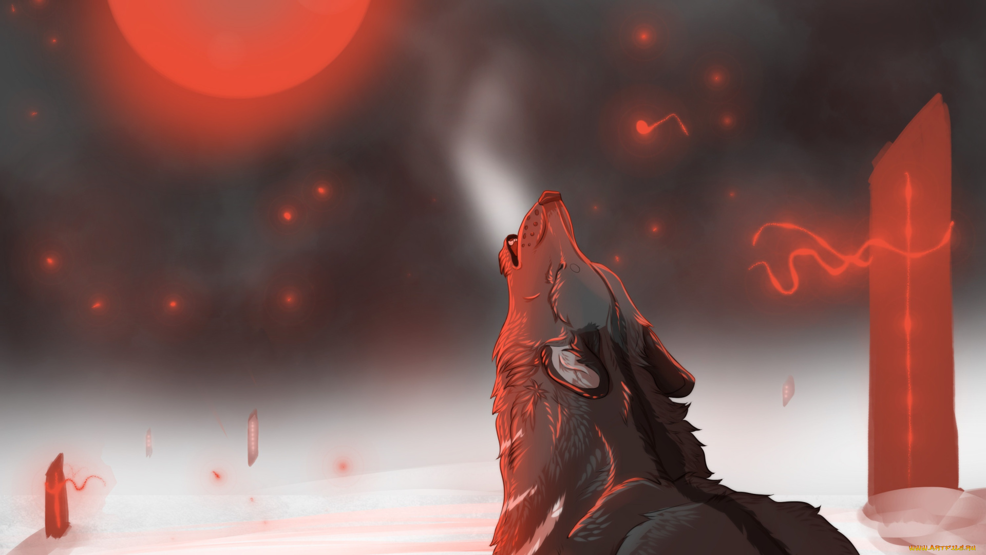 рисованные, животные, , волки, красная, луна, зверь, волк