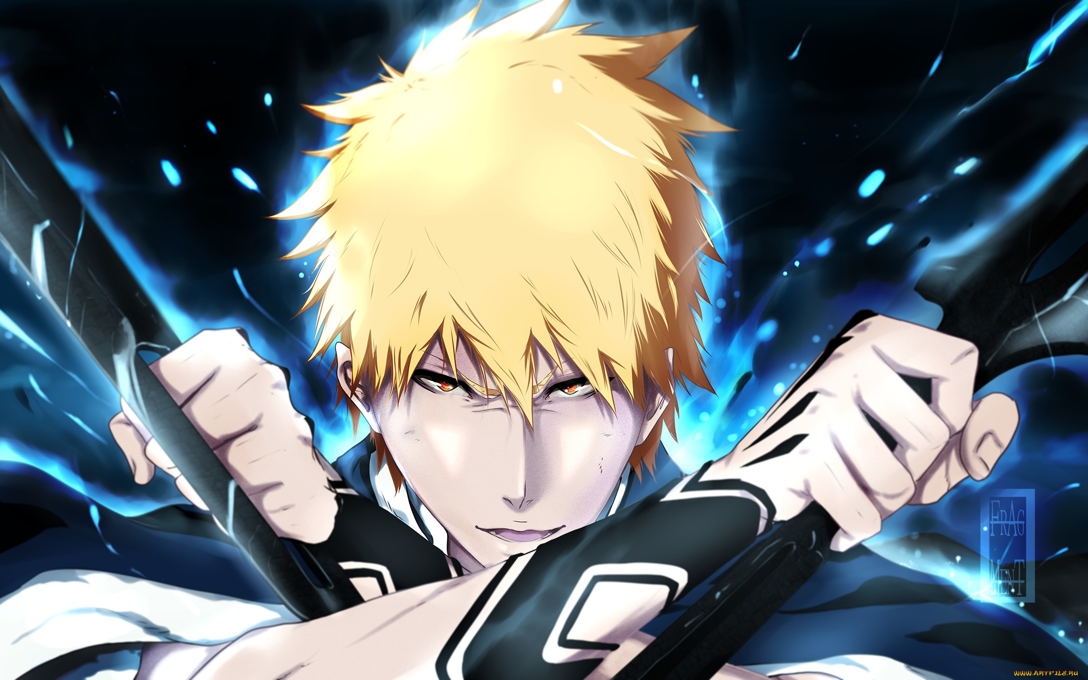 аниме, bleach, блич, магия, оружие, улыбка, взгляд, art, ifragmentix, парень, kurosaki, ichigo