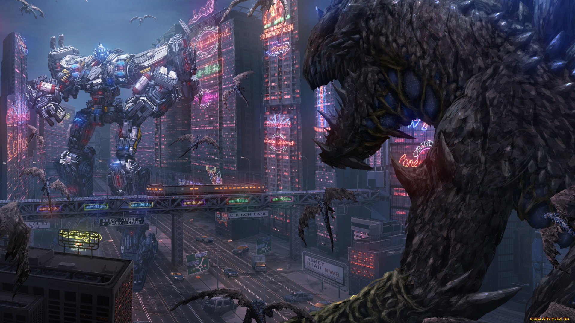 фэнтези, существа, cyberpunk, бой, фантазия, битва, пришельцы, робот, фантастика, киборг, мегаполис, дома, монстры, гиганты