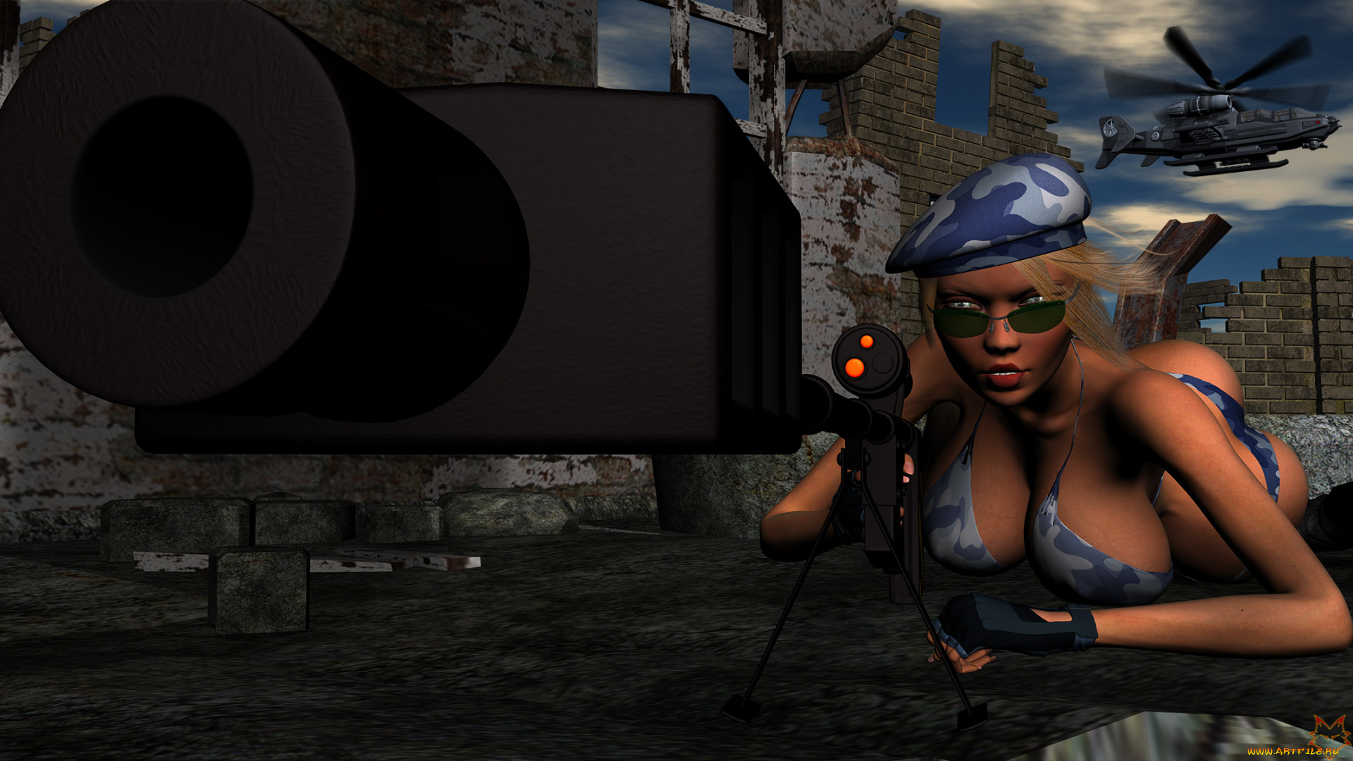 3д, графика, фантазия, , fantasy, девушка, оружие, фон, взгляд