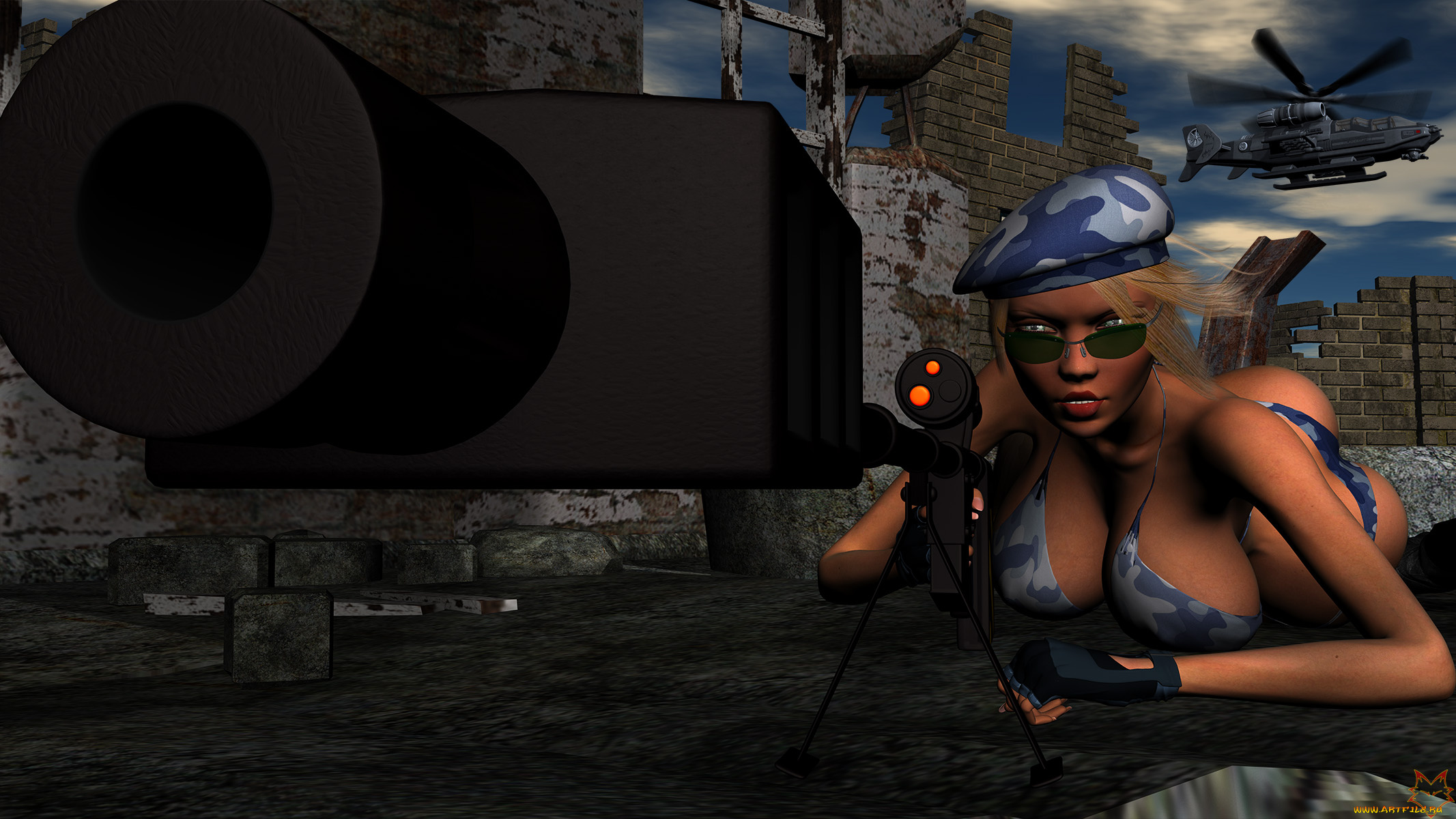 3д, графика, фантазия, , fantasy, девушка, оружие, фон, взгляд