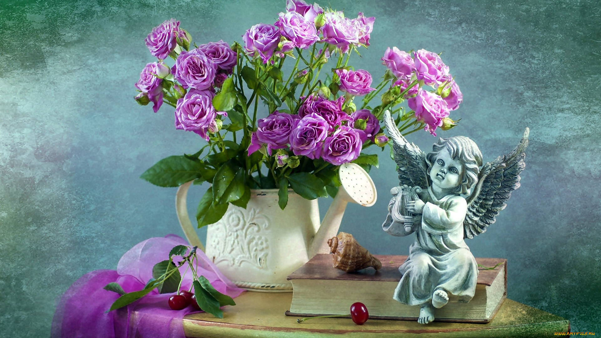 цветы, розы, шарф, композиция, вишня, книга, ангел, букет