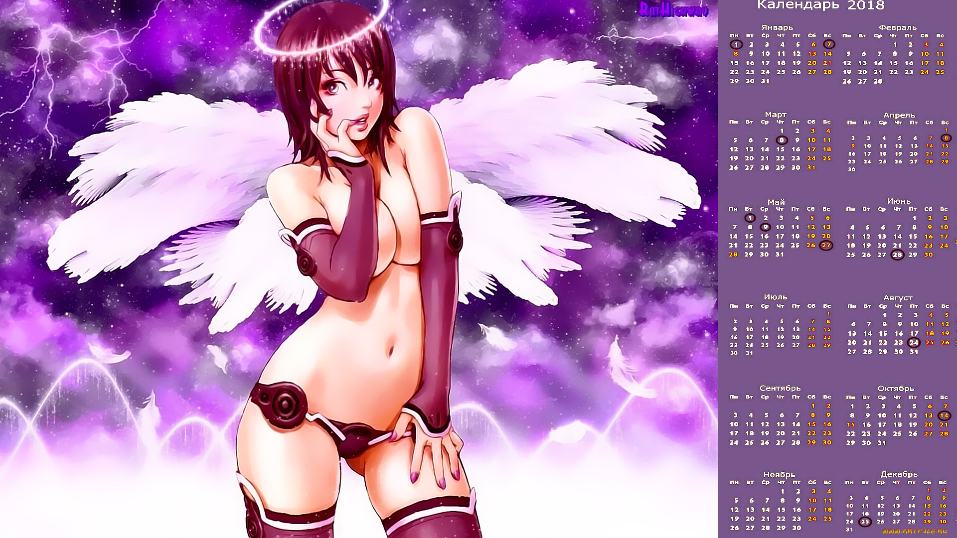 календари, аниме, взгляд, девушка, крылья