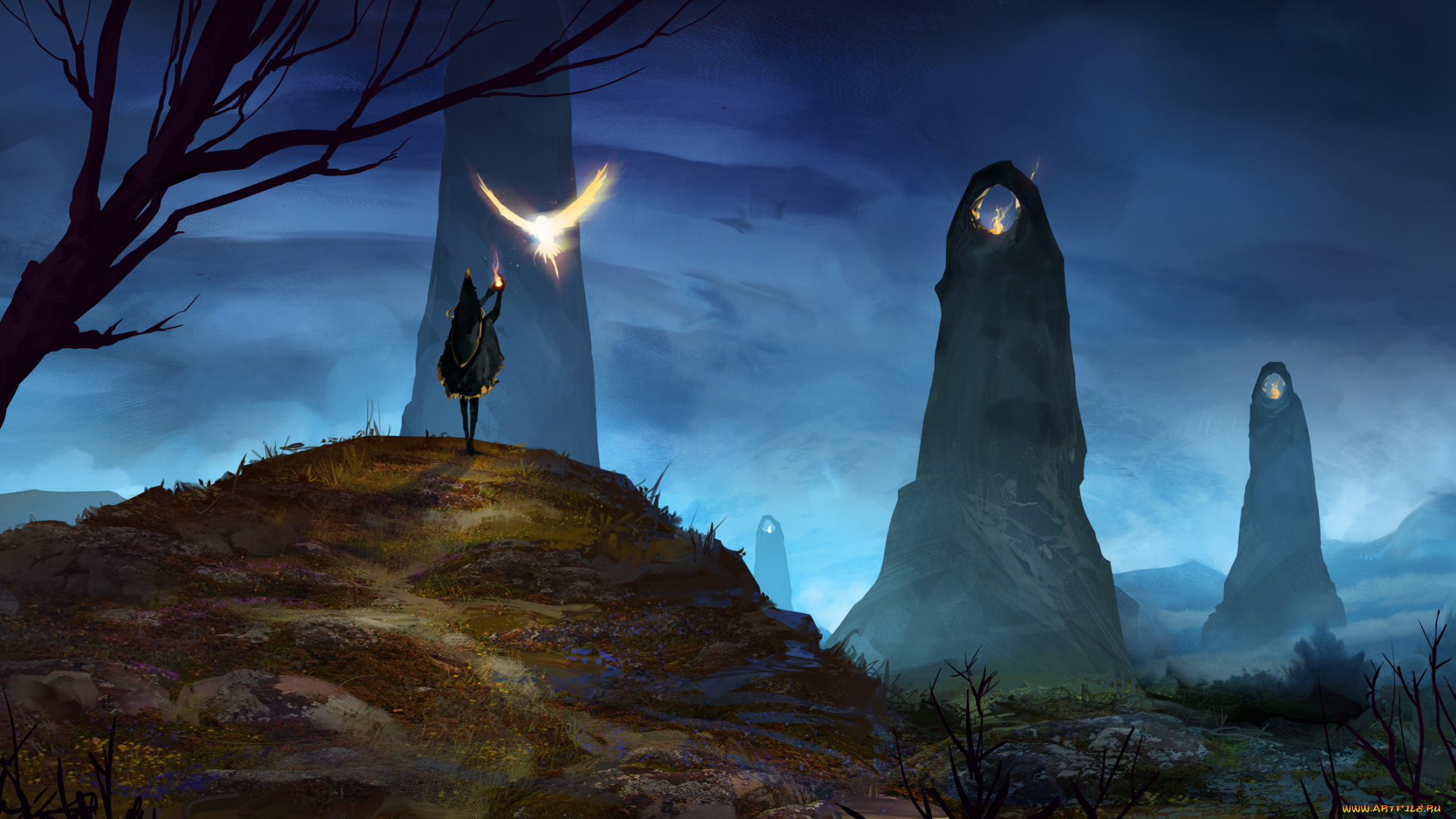 фэнтези, маги, , волшебники, огонь, фон, птица, девушка, камни