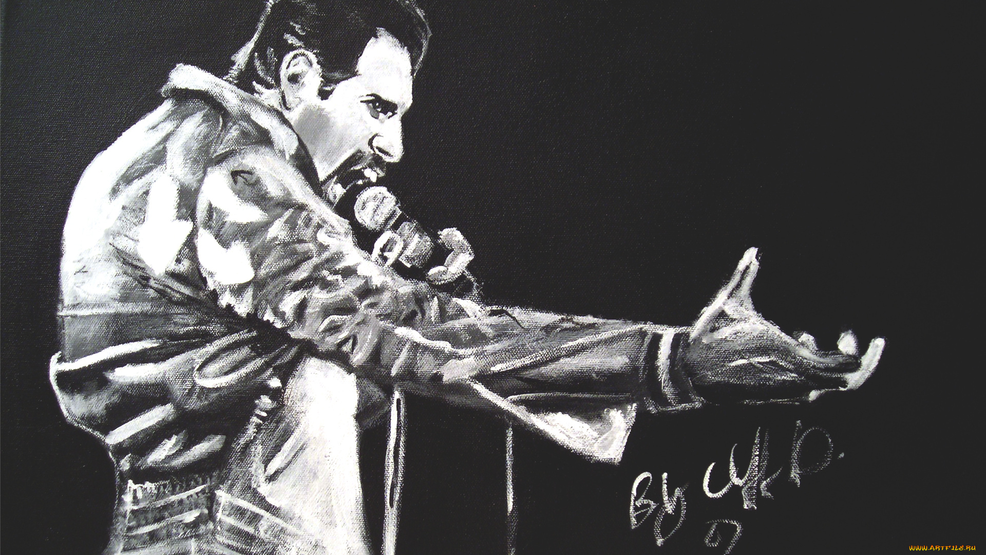 фредди, меркьюри, рисованное, люди, микрофон, костюм, певец, фредди, меркьюри