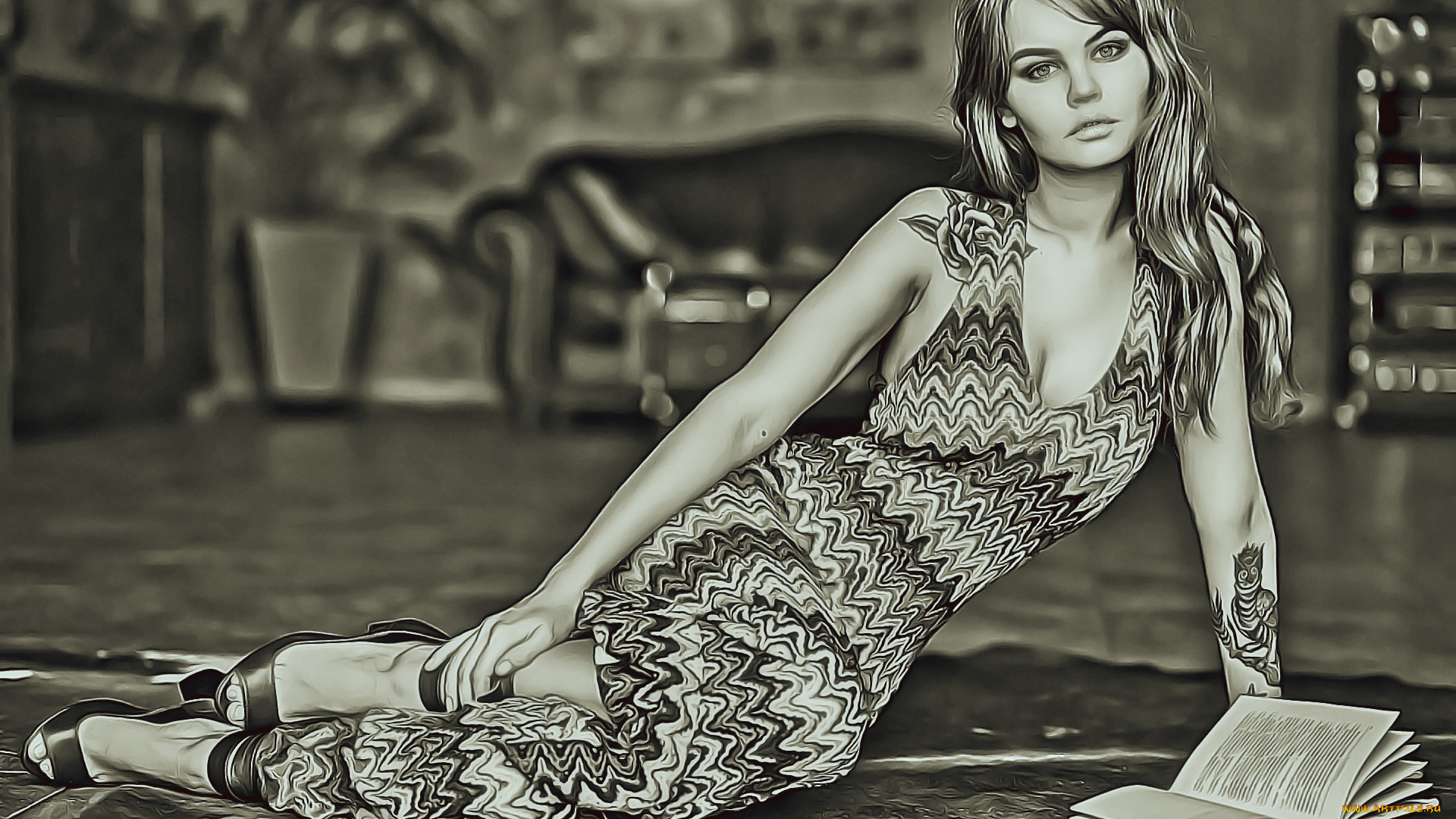 календари, компьютерный, дизайн, сидеть, комната, девушка, взгляд, книга, тату