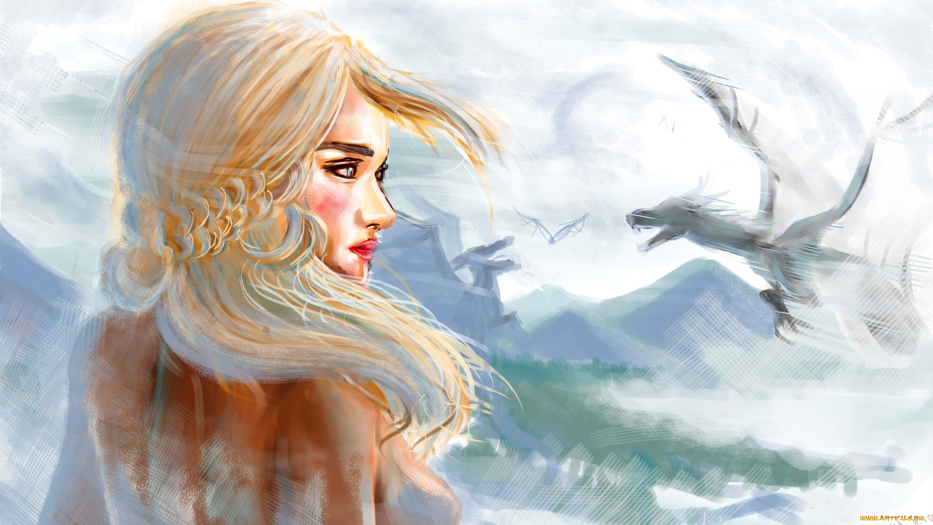 рисованное, кино, мать, драконов, драконы, блондинка, девушка