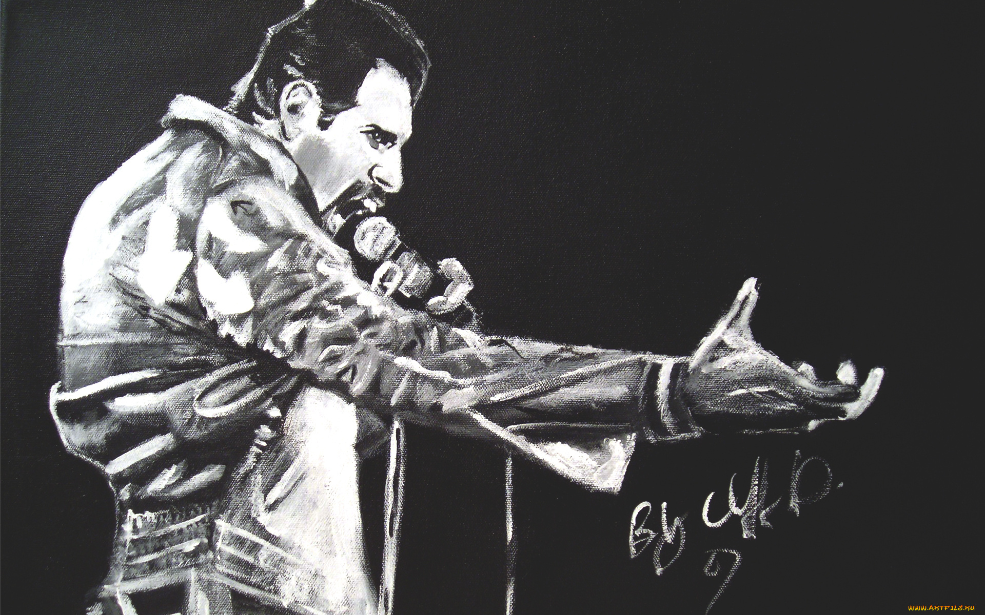 фредди, меркьюри, рисованное, люди, микрофон, костюм, певец, фредди, меркьюри