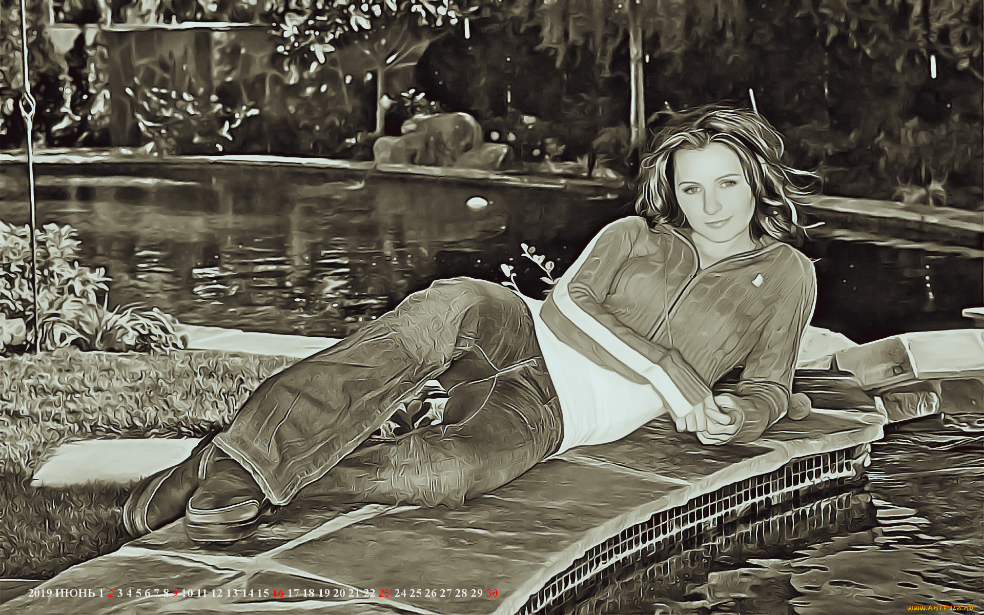 календари, компьютерный, дизайн, бассейн, лежать, взгляд, девушка