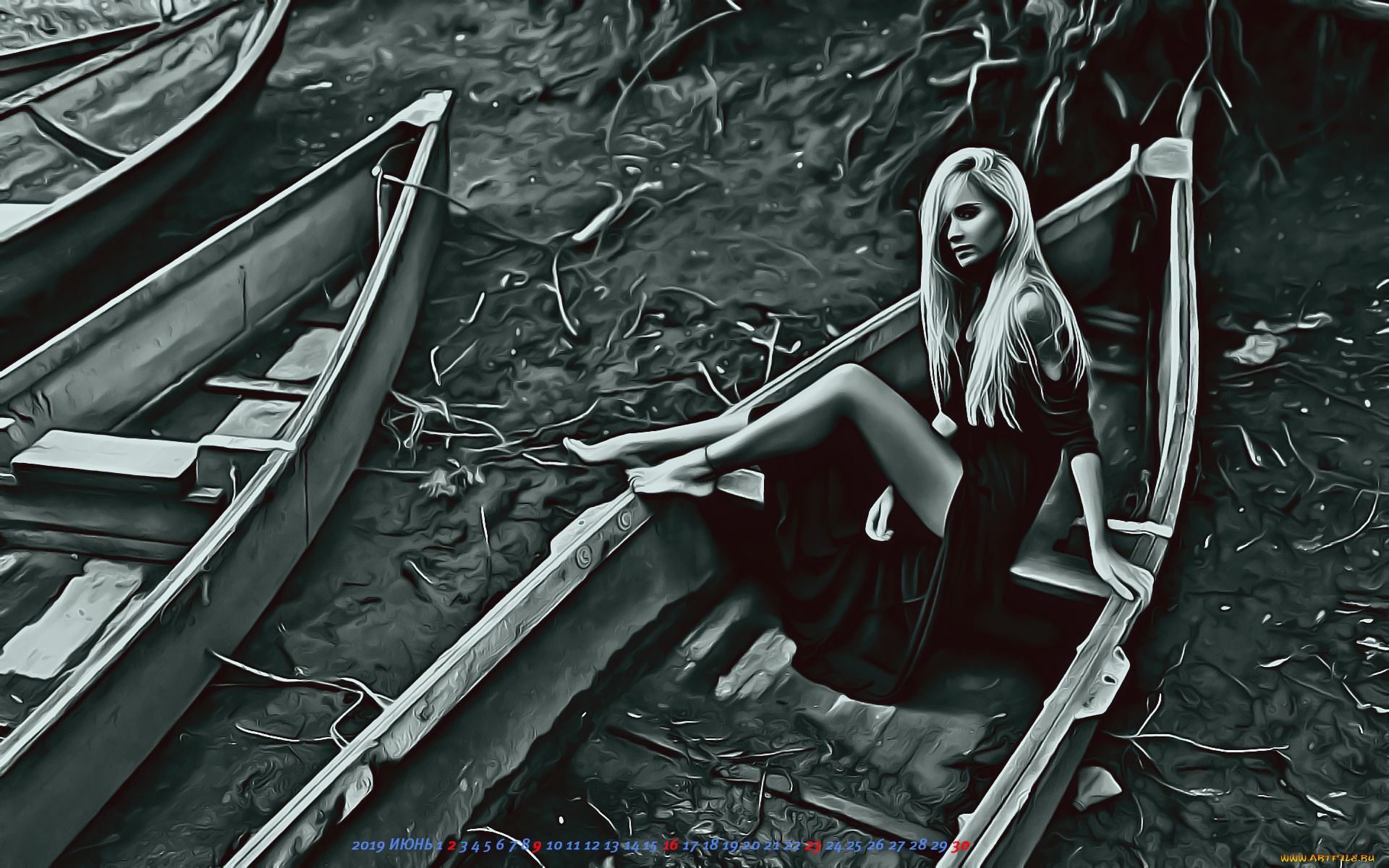 календари, компьютерный, дизайн, девушка, лодка, сидеть