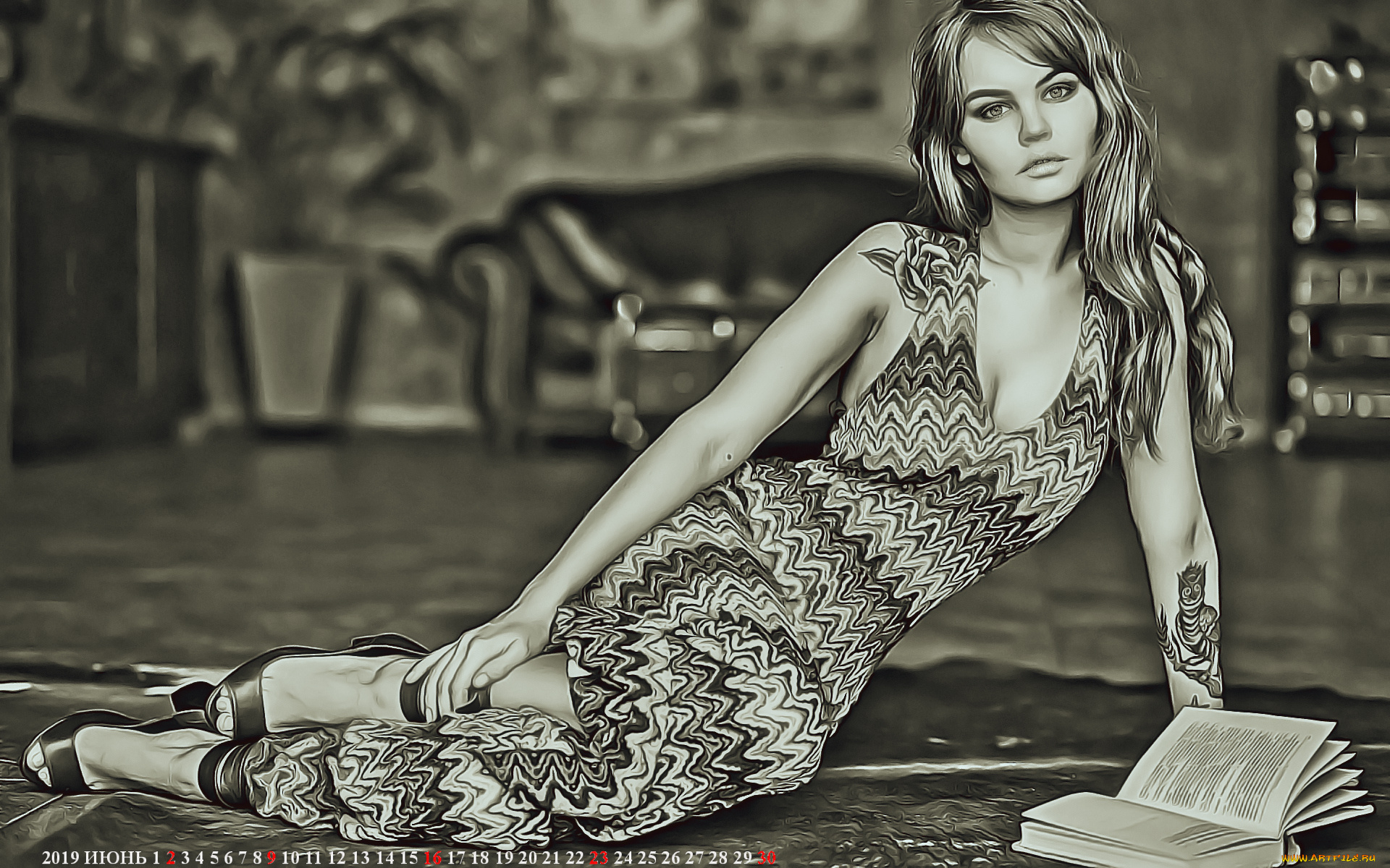 календари, компьютерный, дизайн, сидеть, комната, девушка, взгляд, книга, тату
