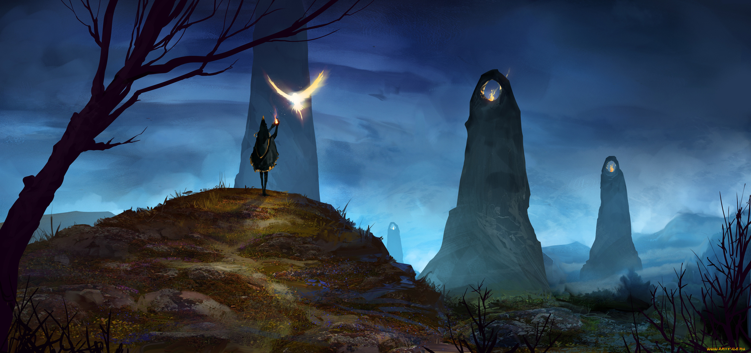 фэнтези, маги, , волшебники, огонь, фон, птица, девушка, камни