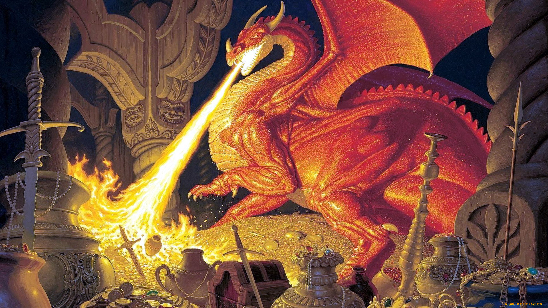 фэнтези, _lord, of, the, rings, дракон, огонь, смауг, колонны, сокровища