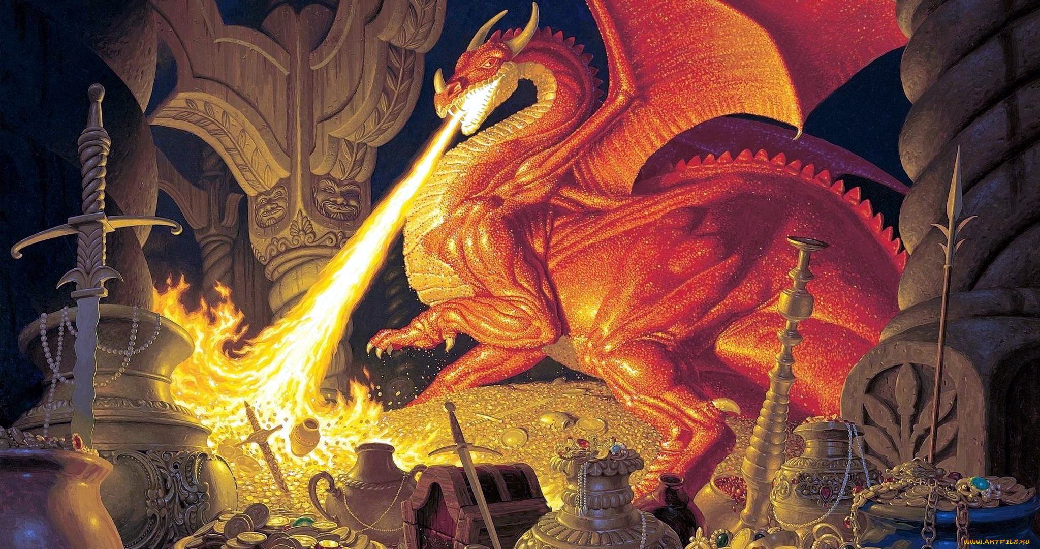 фэнтези, _lord, of, the, rings, дракон, огонь, смауг, колонны, сокровища