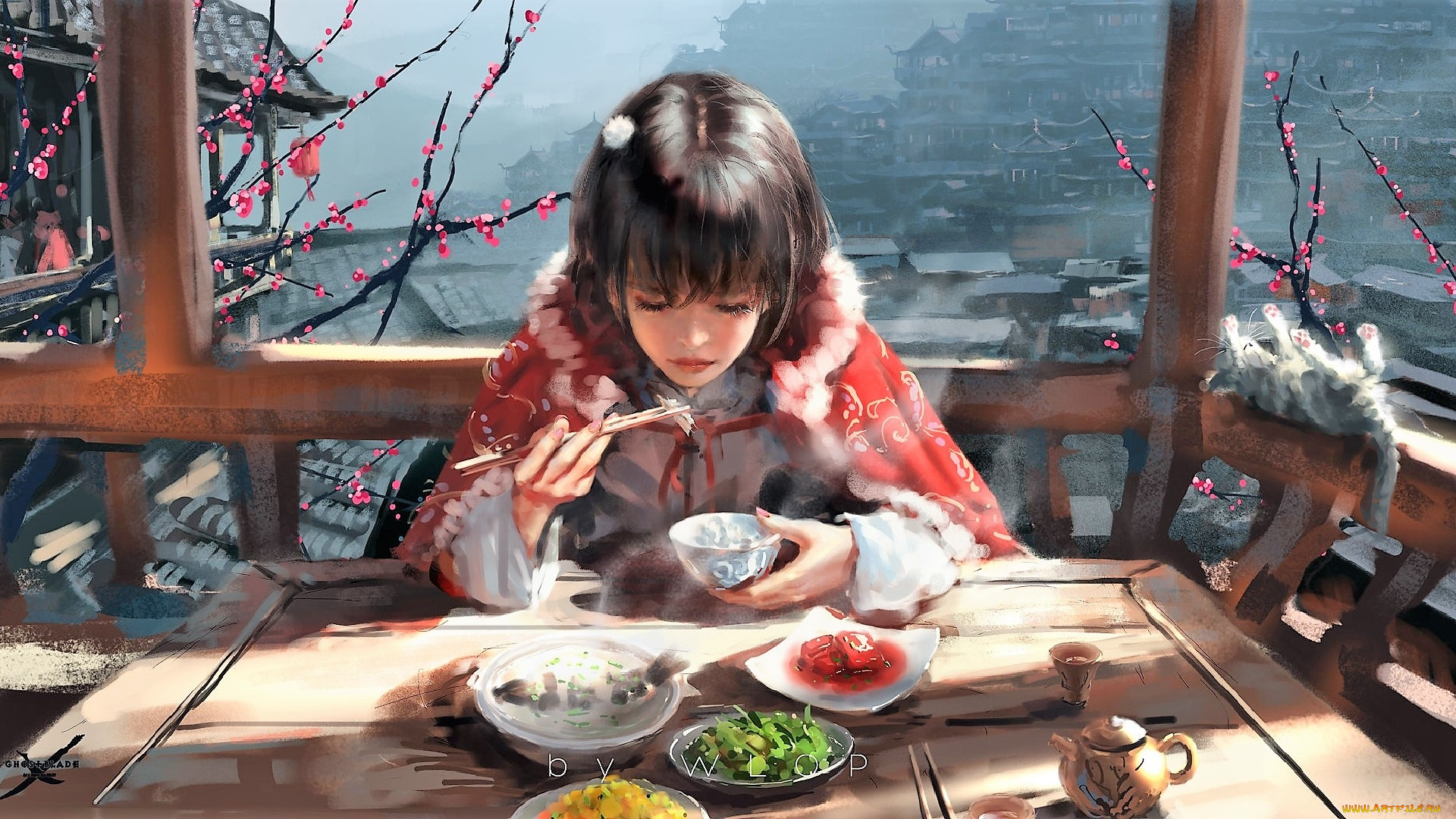 фэнтези, _ghost, blade, , , призрачный, клинок, девушка, еда, балкон, город