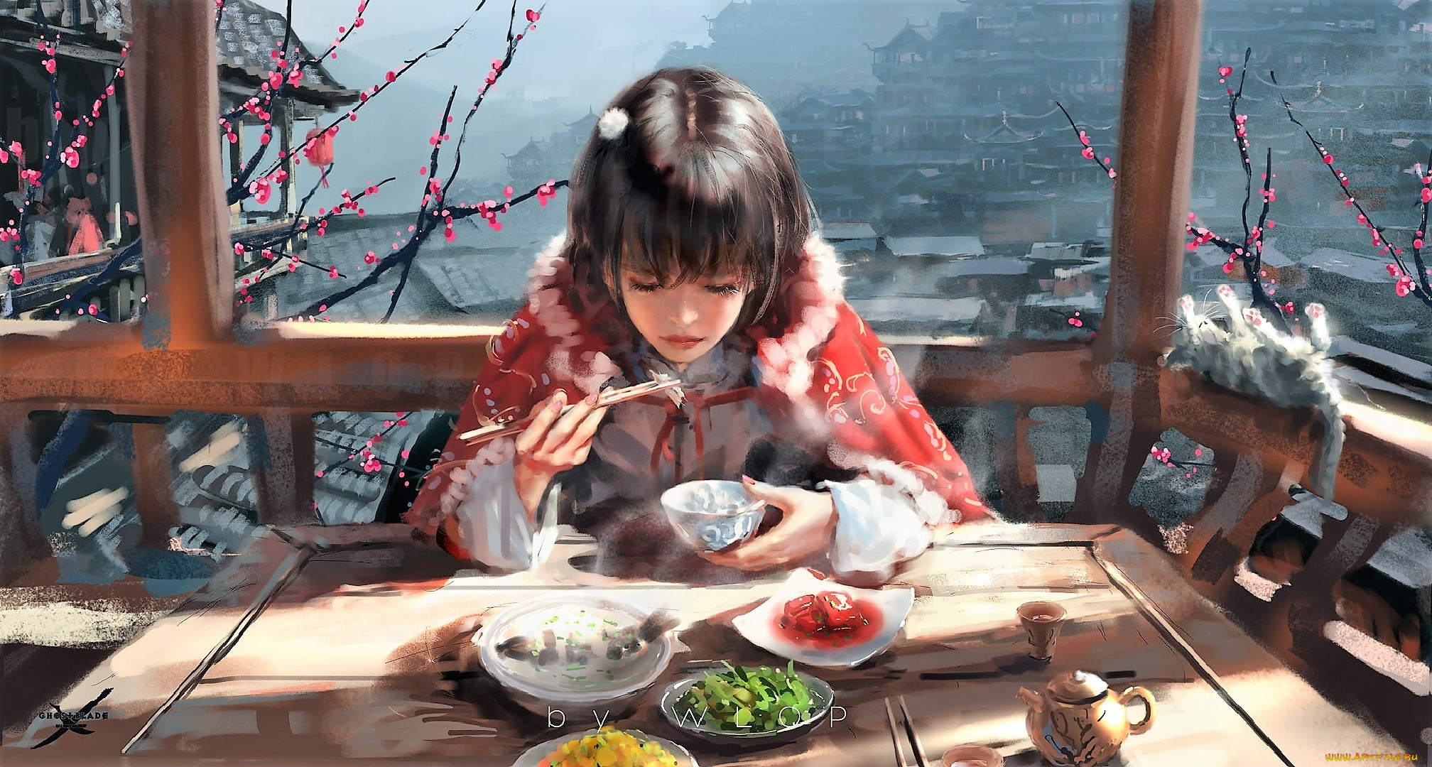 фэнтези, _ghost, blade, , , призрачный, клинок, девушка, еда, балкон, город