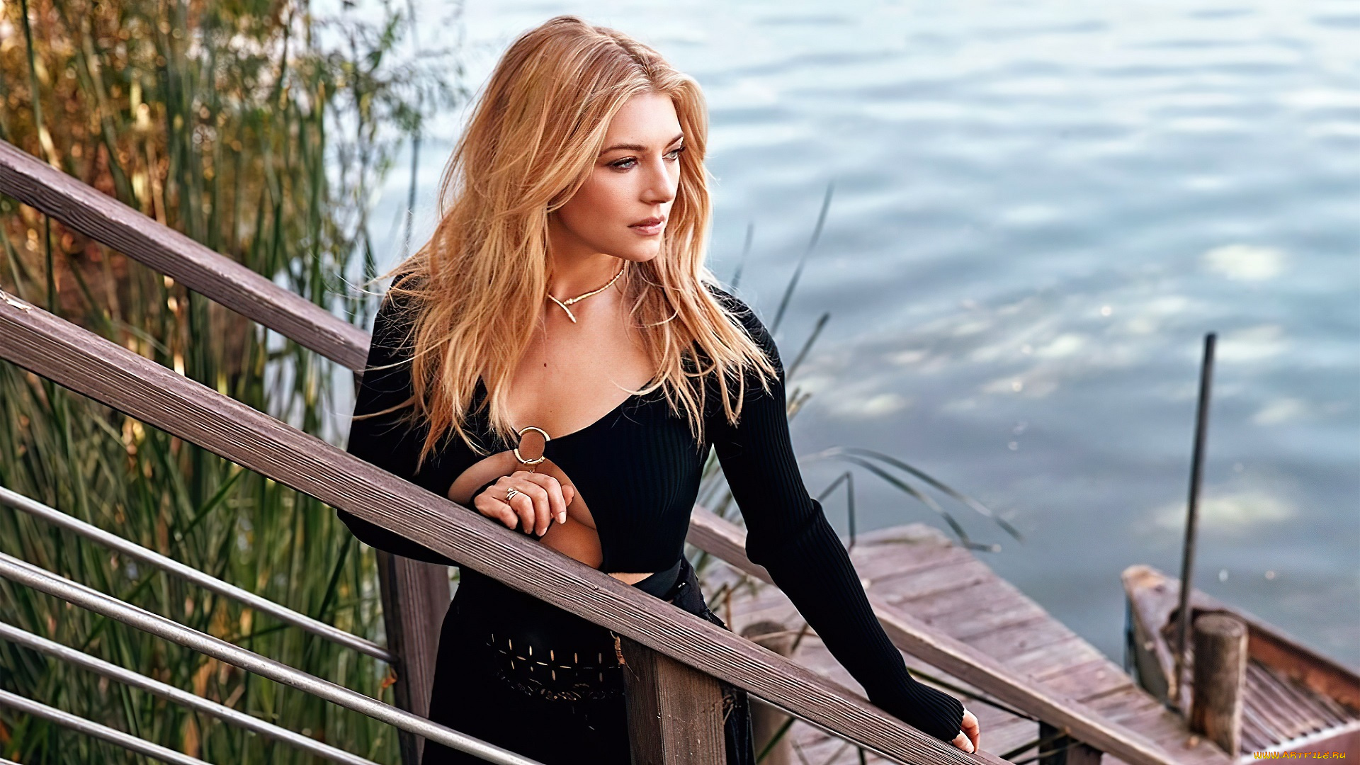 katheryn, winnick, девушки, блондинка, наряд, перила, озеро, лестница