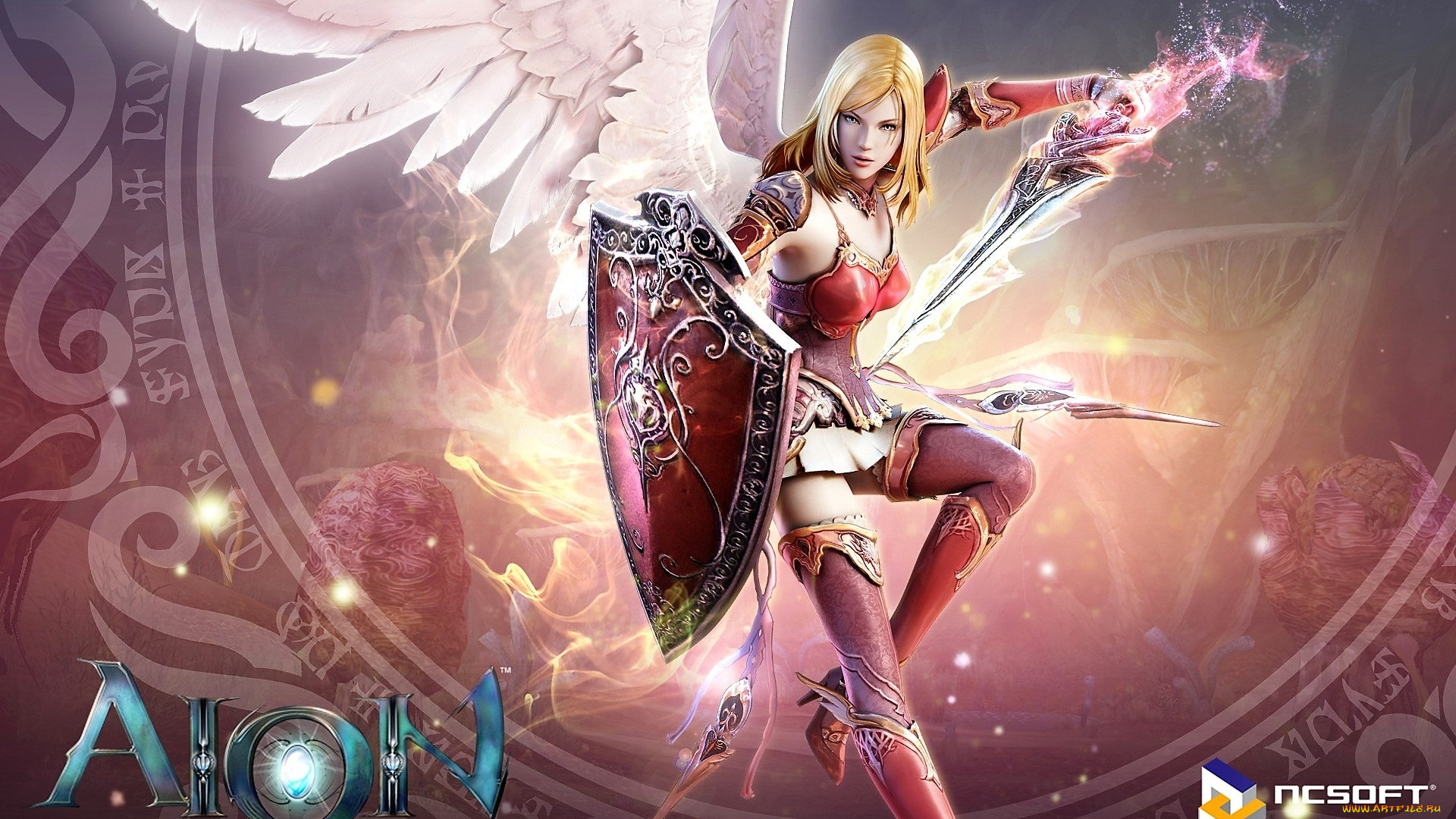 видео, игры, aion, девушка, ангел, оружие, щит