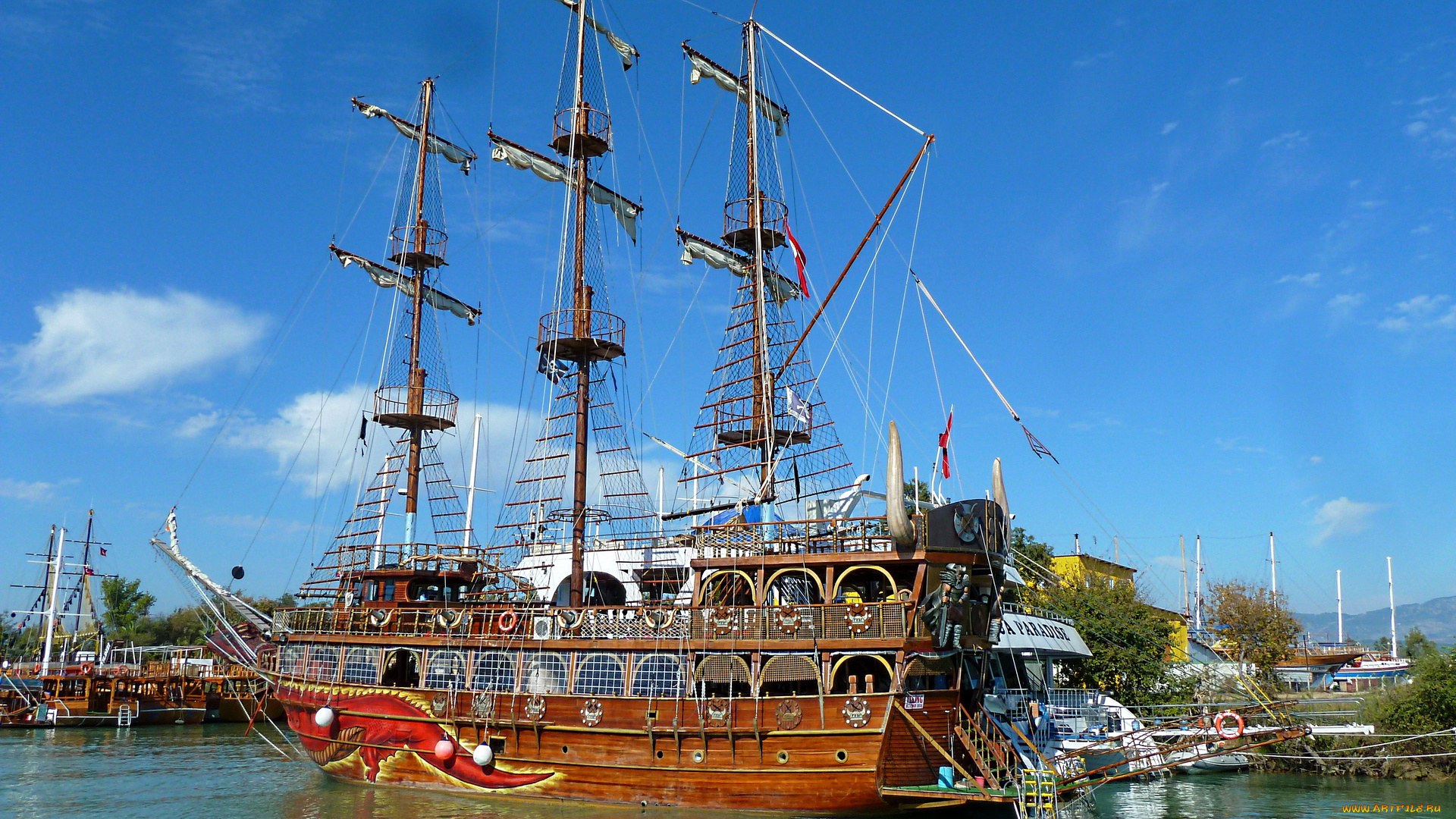 турция, анталья, корабли, парусники, парусник, море, набережная