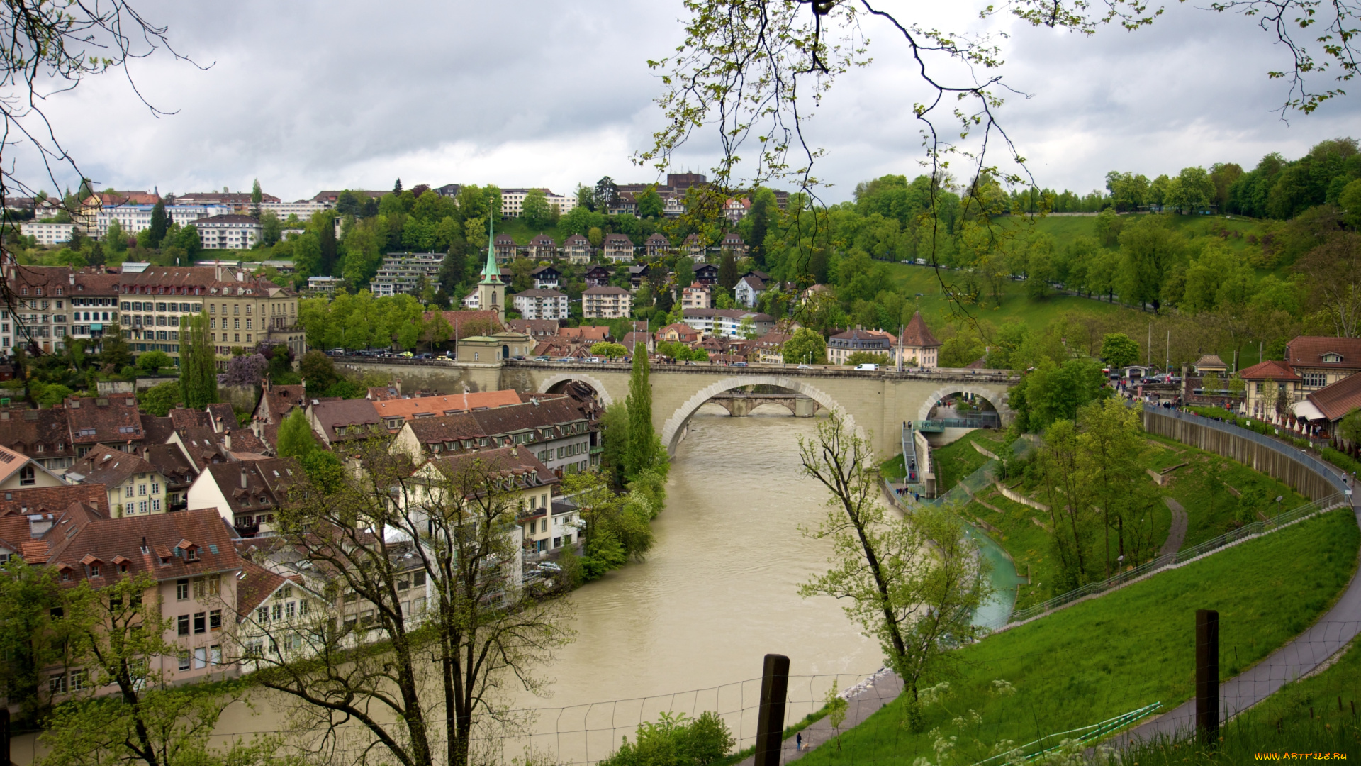 города, берн, швейцария, дома, река