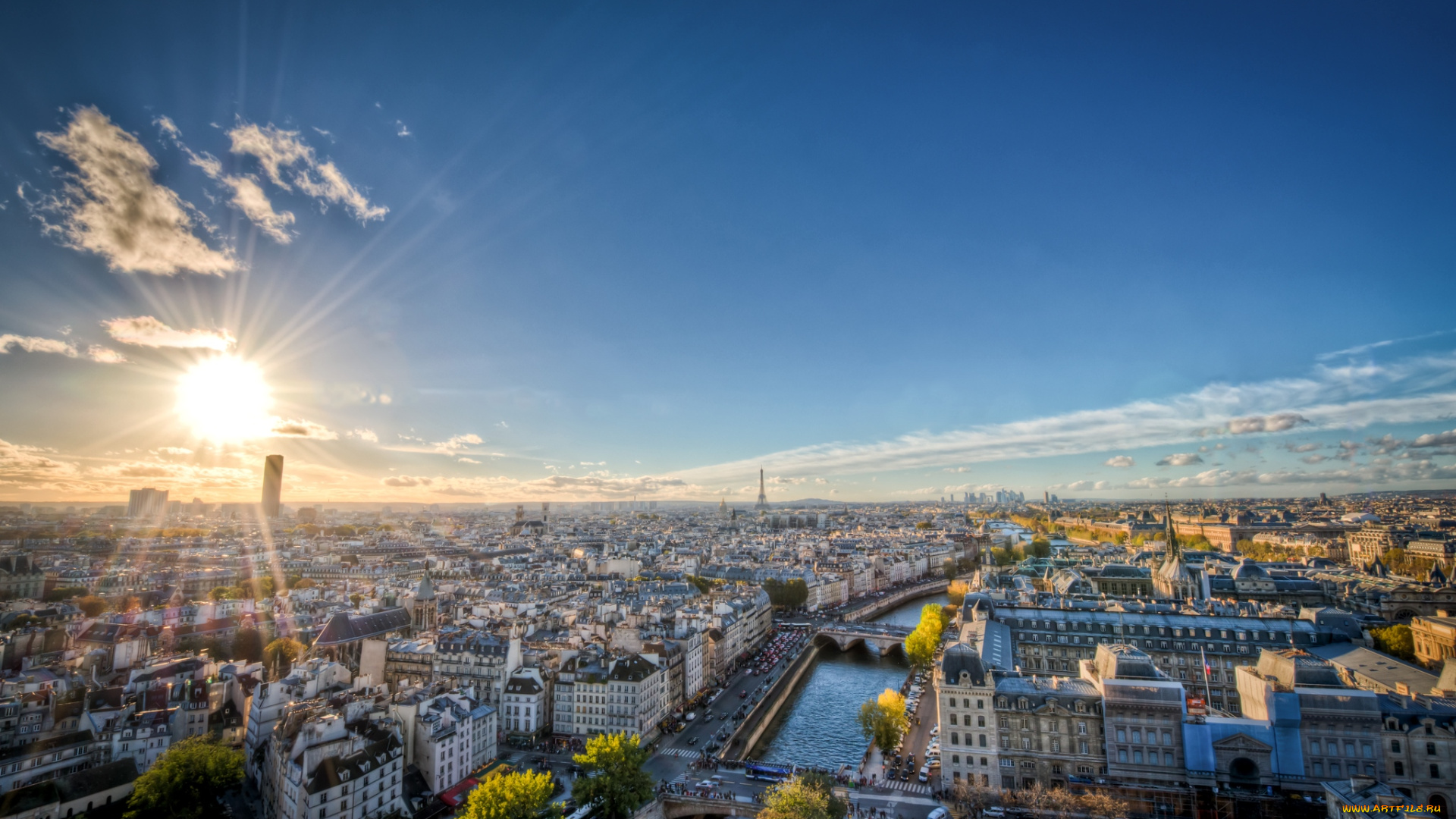 города, париж, франция, панорама, солнце