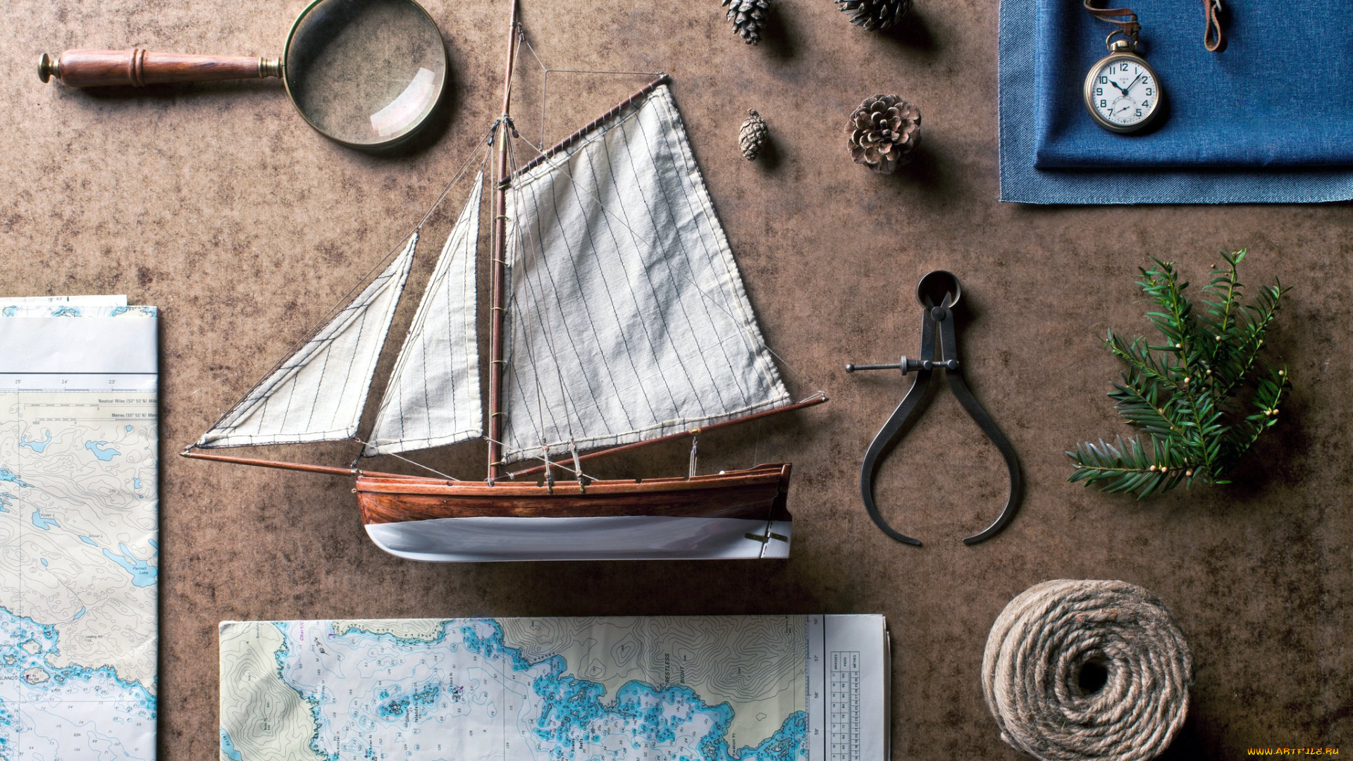 разное, другое, лупа, часы, бечевка, карты, кораблик