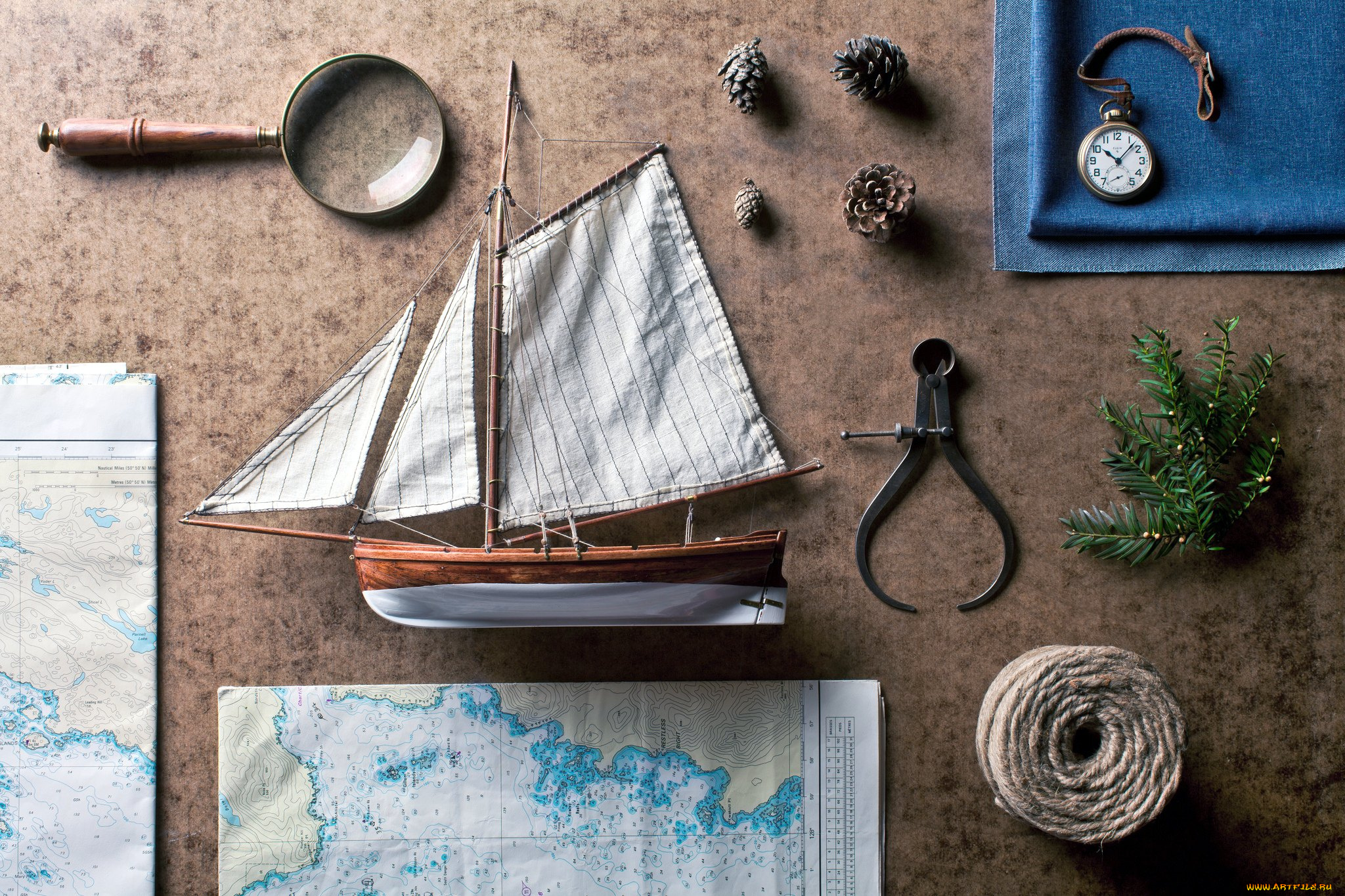 разное, другое, лупа, часы, бечевка, карты, кораблик