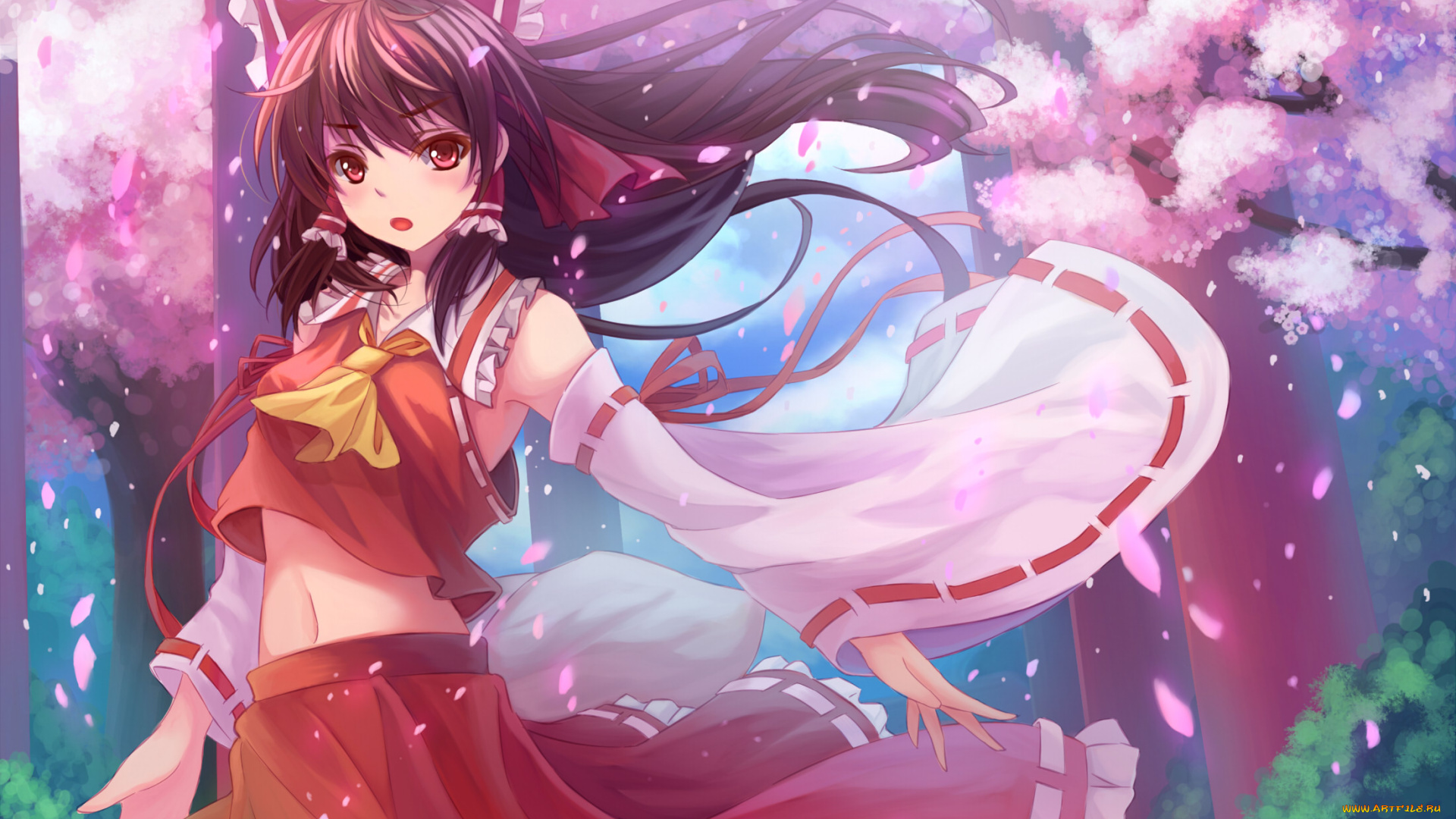 аниме, touhou, девушка, шатенка, бант, лепестки, сакура, арт