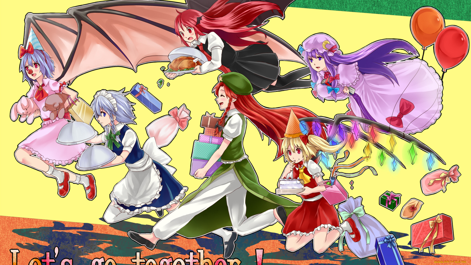 аниме, touhou, девушки, еда, желтый, фон, крылья, шарики