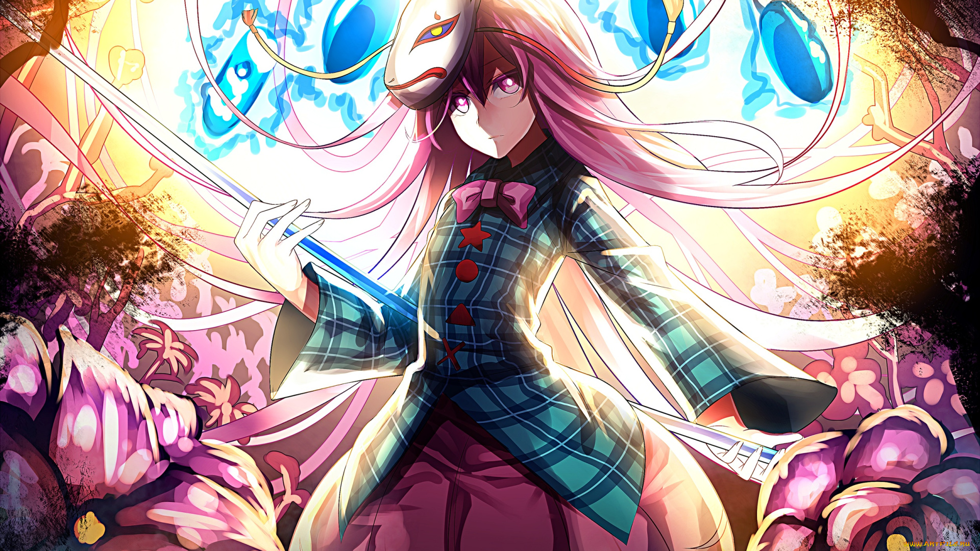 аниме, touhou, посох, цветы, розовые, волосы, девушка, магия