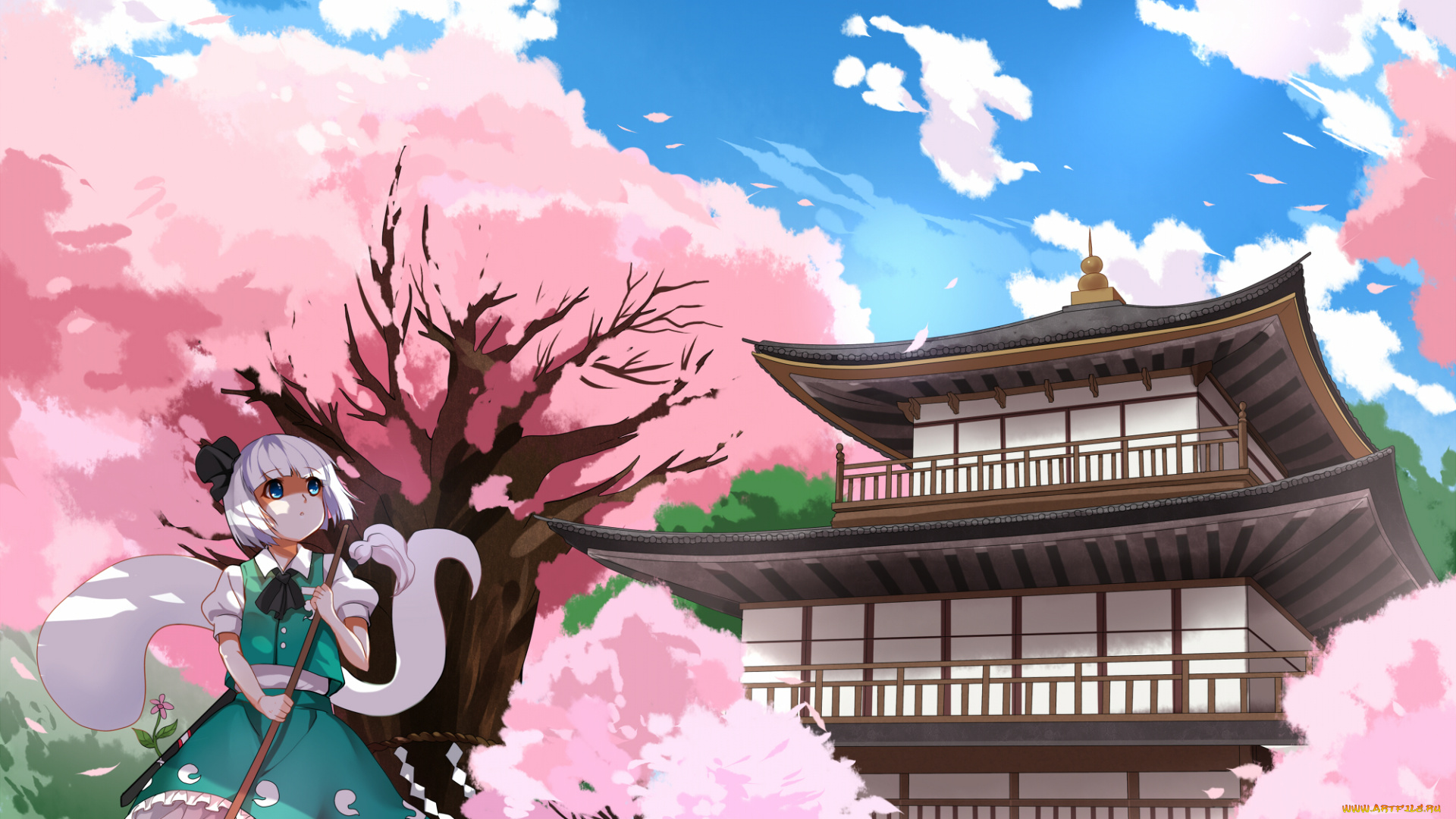 аниме, touhou, сакура, дом, хвост, девушка