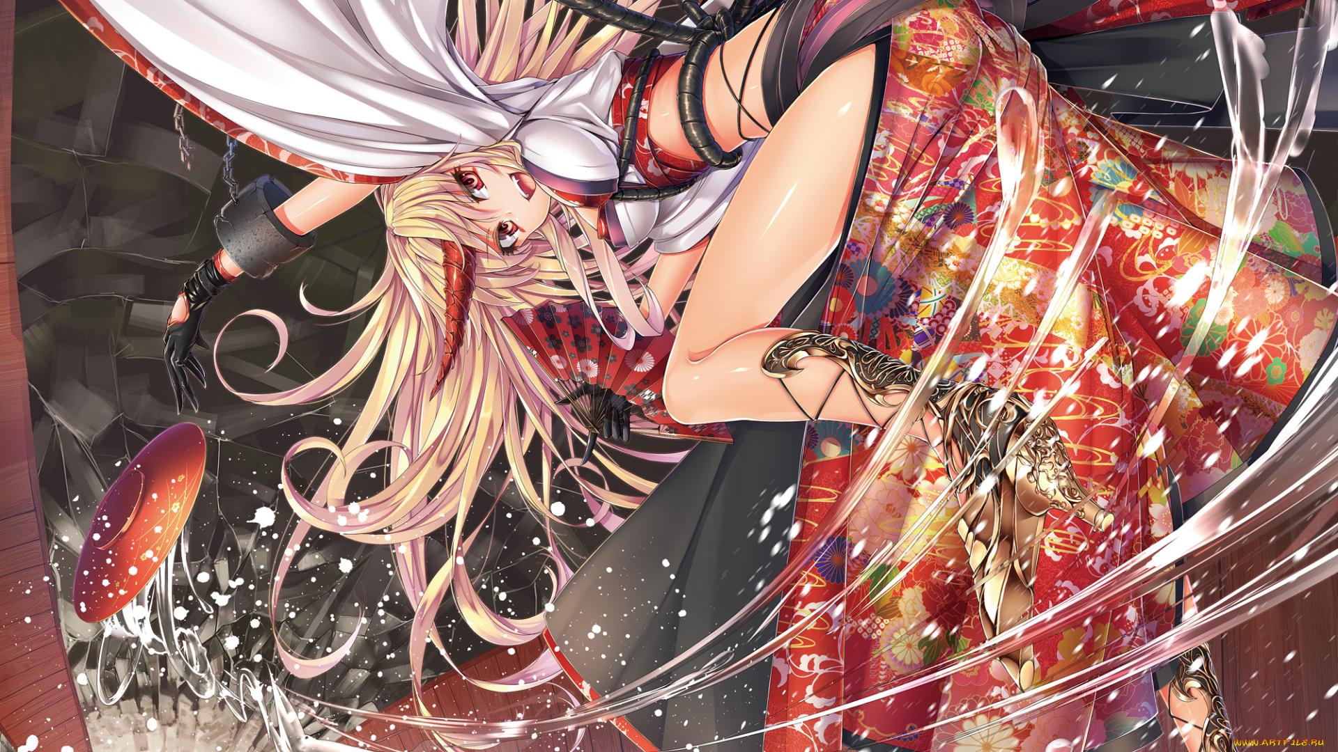 аниме, touhou, улыбка, кимоно, вода, наручник, девушка