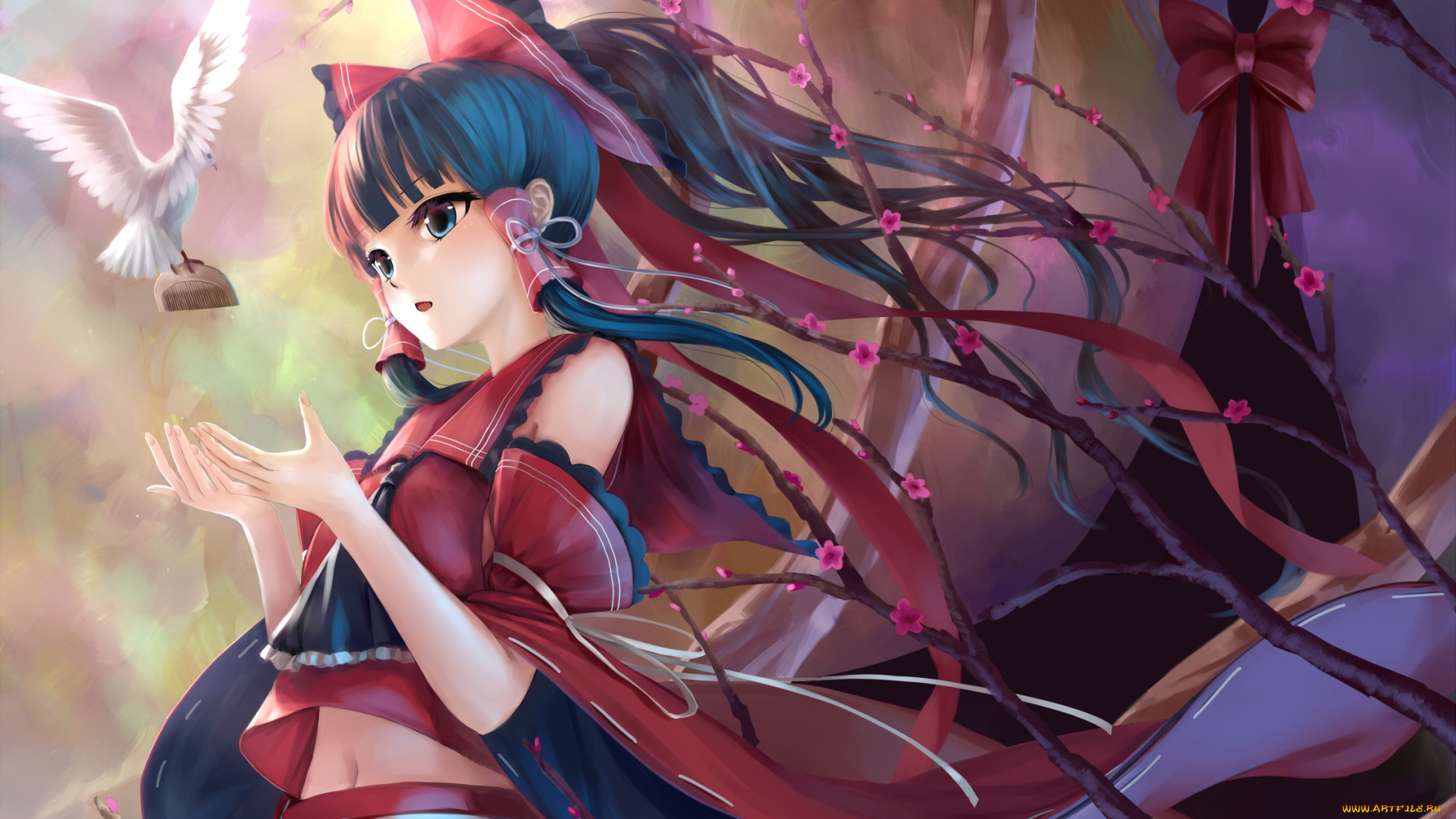 аниме, touhou, ветви, брюнетка, арт, девушка, цветы, птица