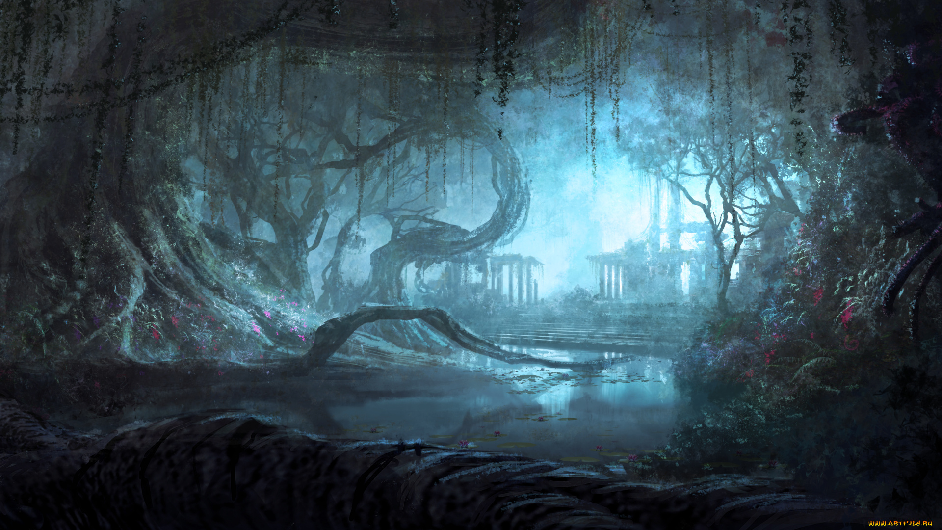 фэнтези, пейзажи, река, лес, пейзаж, руины