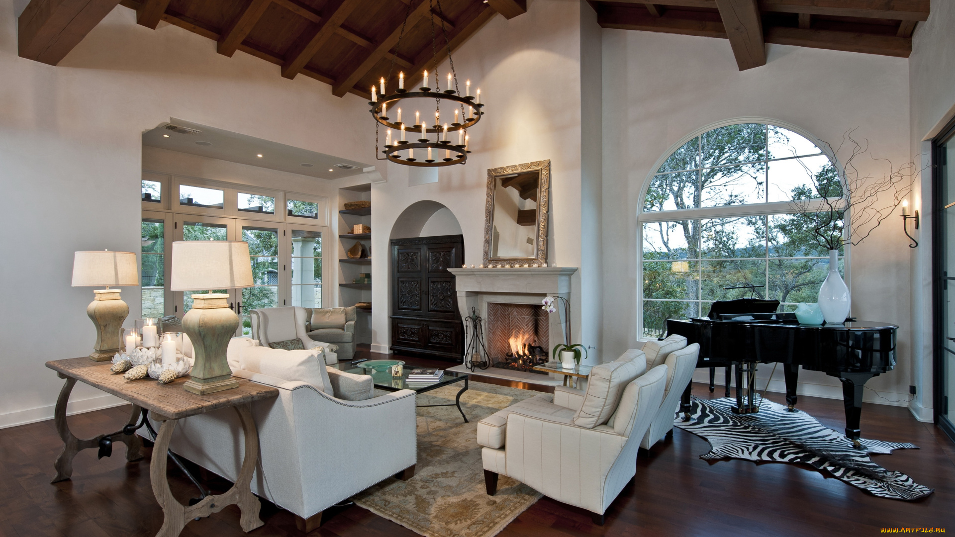 интерьер, гостиная, люстра, камин, диван, рояль, дизайн