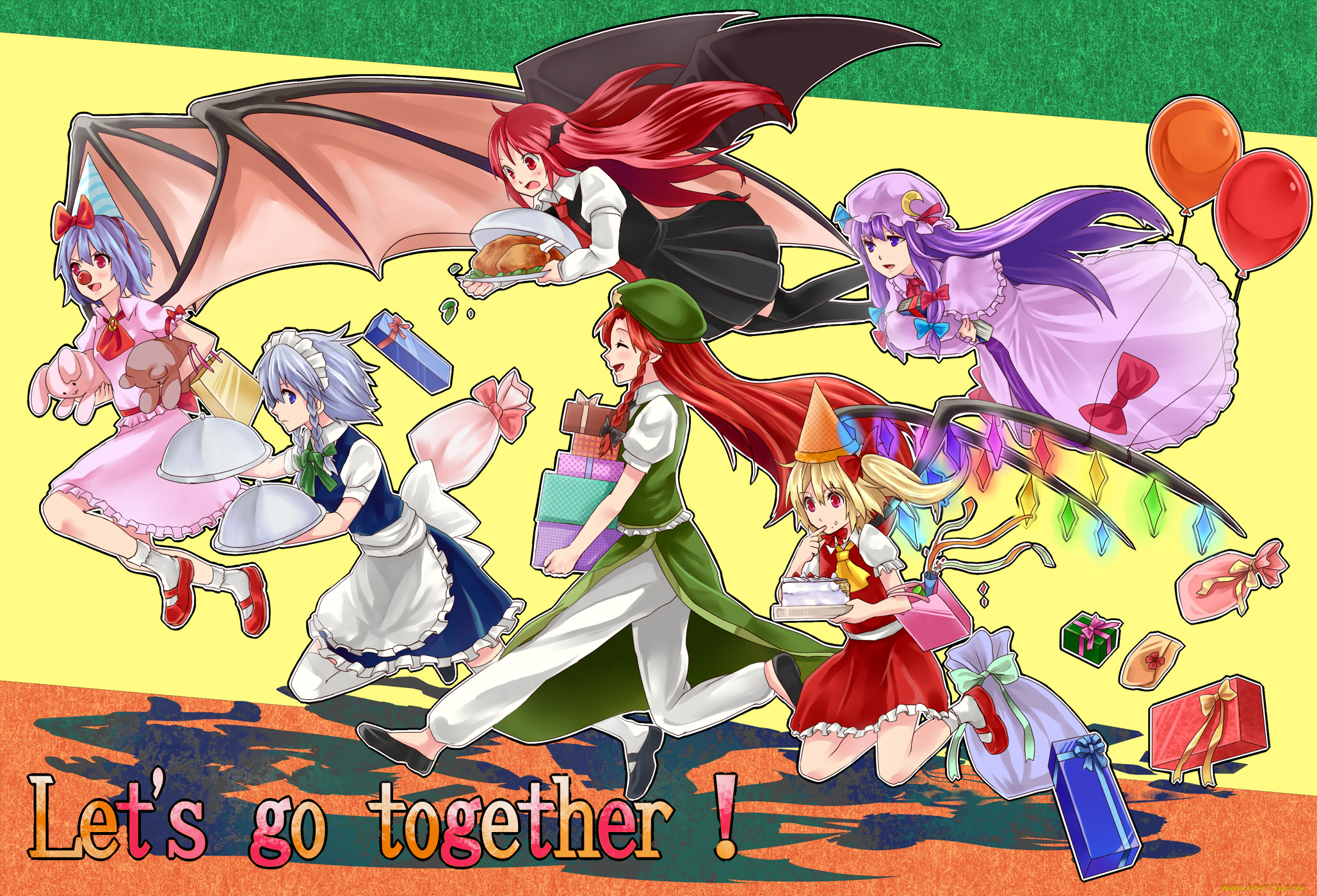 аниме, touhou, девушки, еда, желтый, фон, крылья, шарики