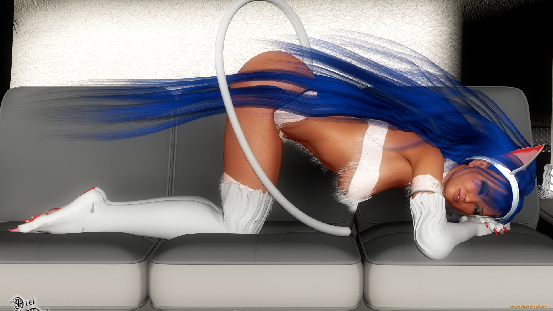 3д, графика, фантазия, , fantasy, диван, кошка, хвост, фон, взгляд, девушка