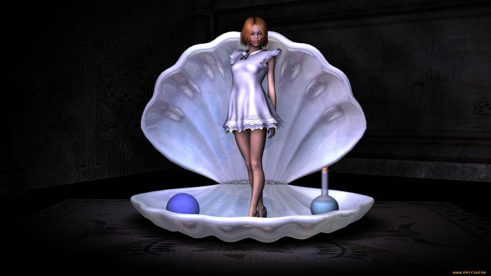 3д, графика, люди, , people, ракушка, фон, взгляд, девушка