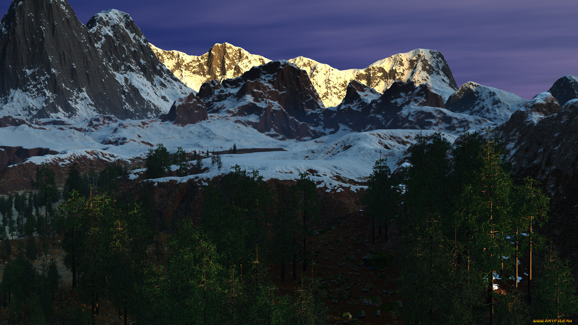 3д, графика, природа, , nature, лес, горы, рассвет